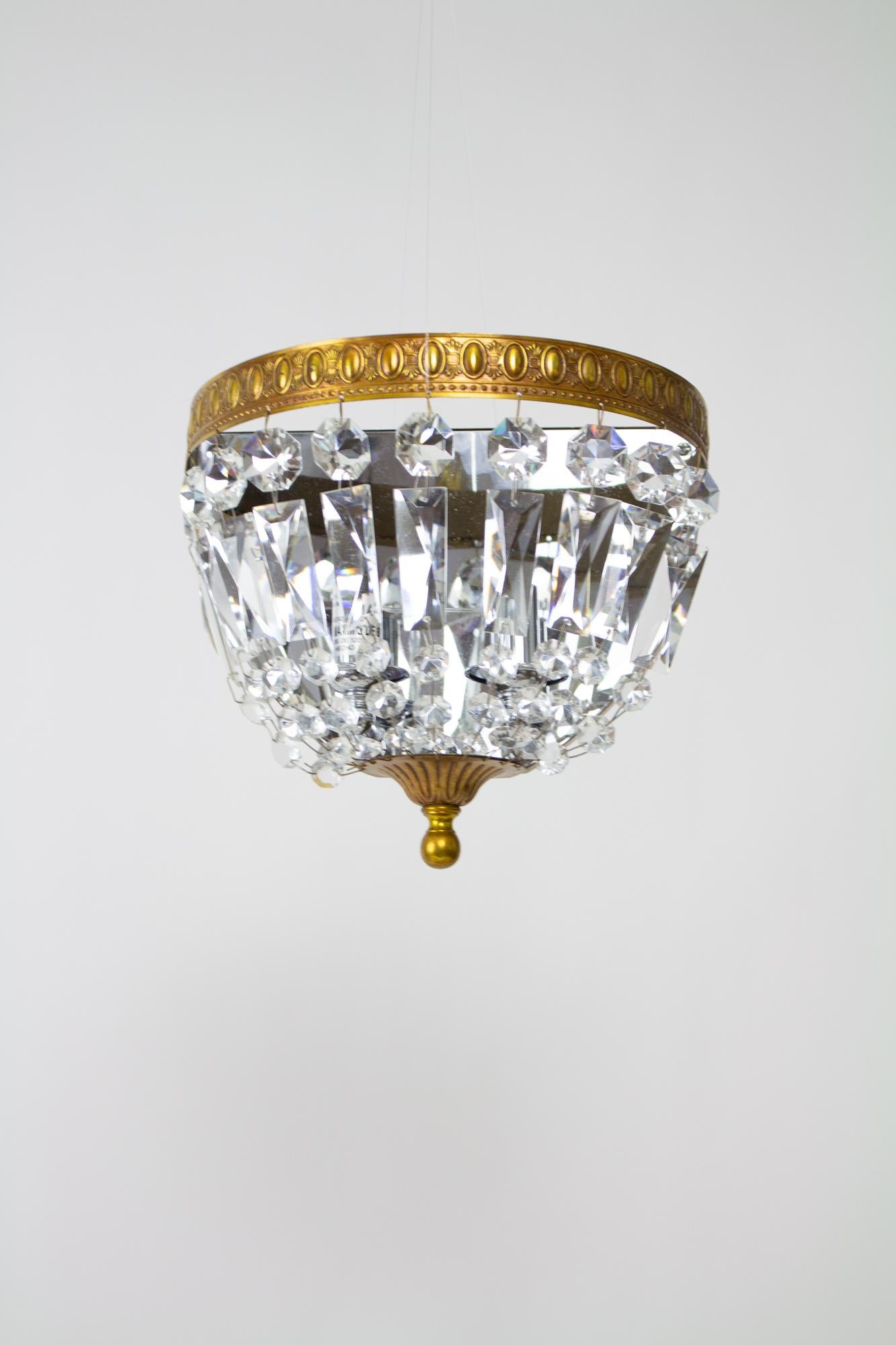 Czech Late 20th Century Brass and Crystal Basket Sconces - a Pair For Sale