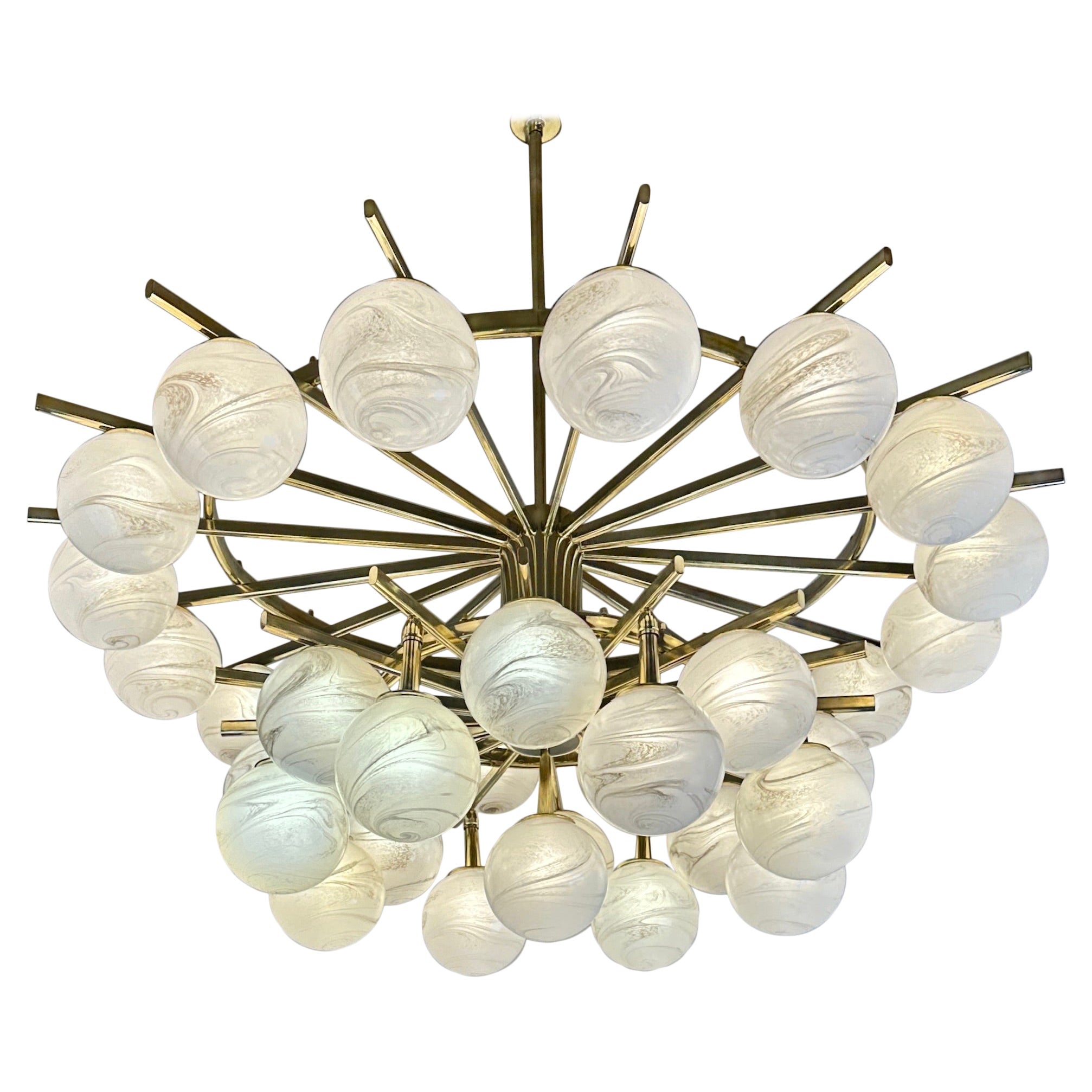 Late 20th Century Brass Double Tier Chandelier with Marbled Murano Glass Boules For Sale