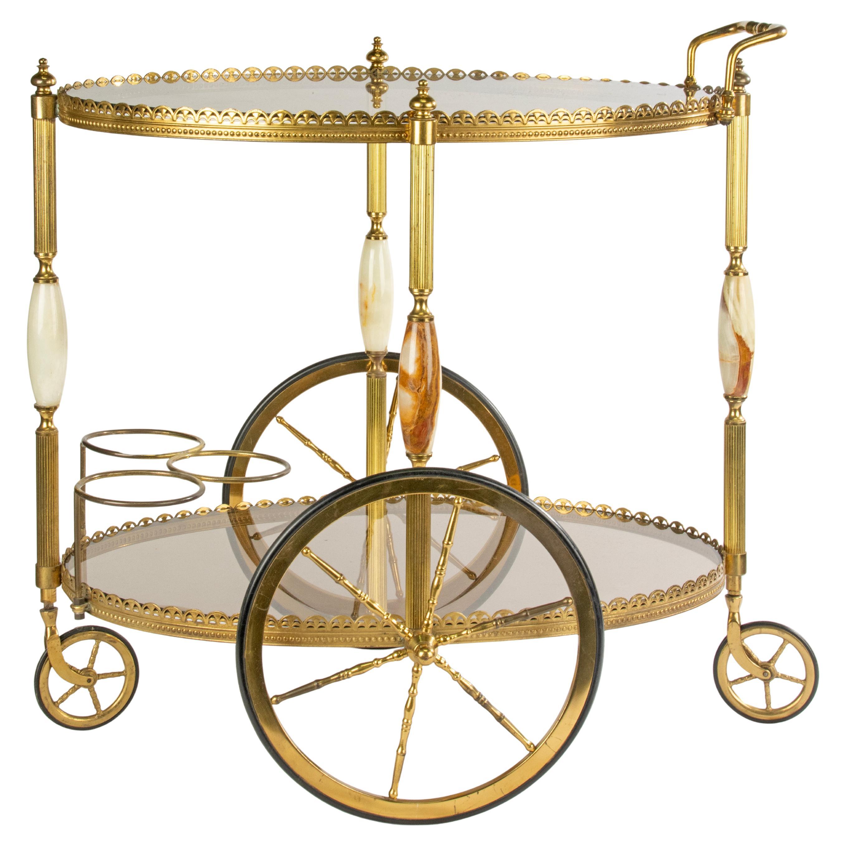 Onyx-Barwagen aus Messing des späten 20. Jahrhunderts mit Weinflaschenregal im Angebot