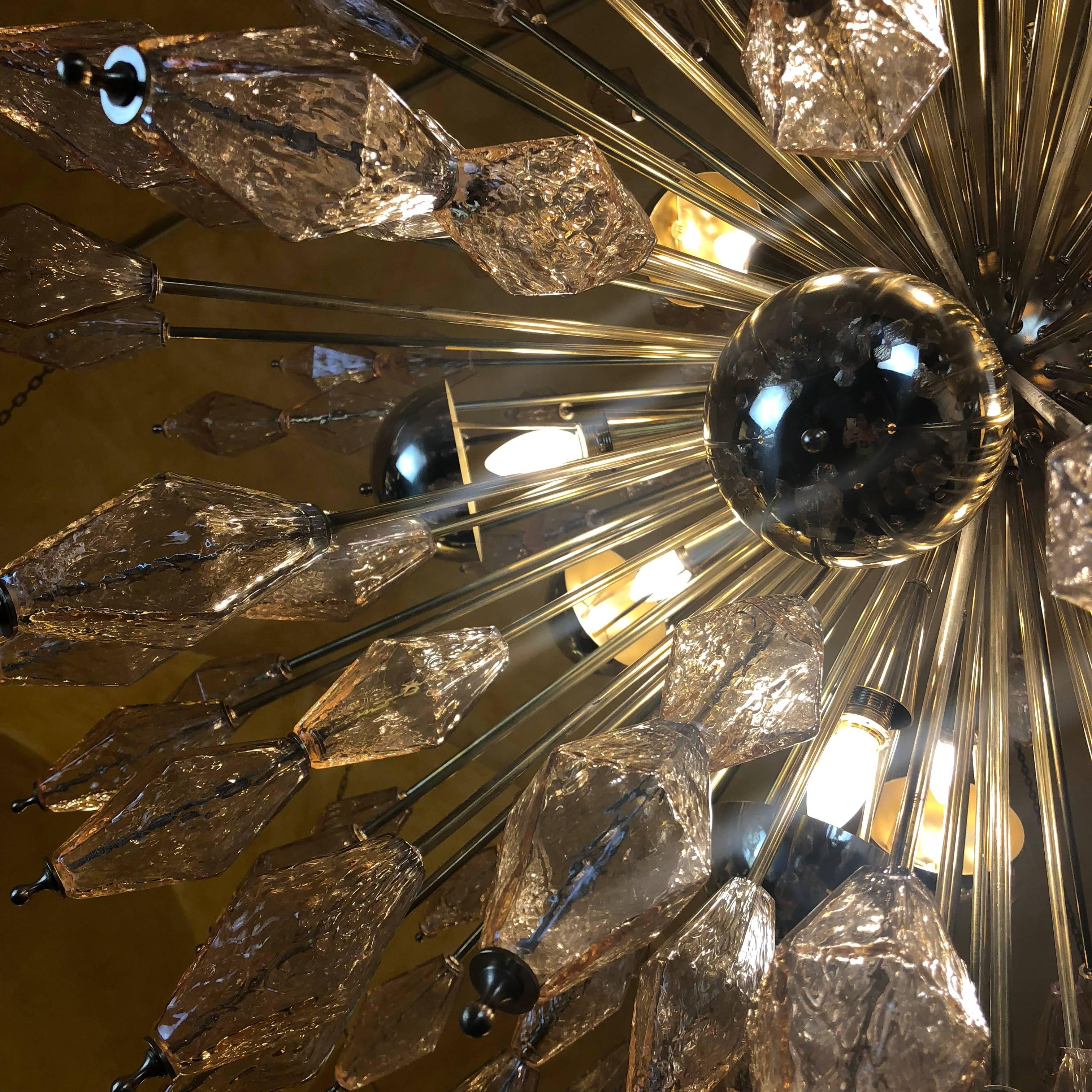 Mid-20th Century Late 20th Century Brass Sputnik Chandelier with Amber Polyhedron Glass by Venini