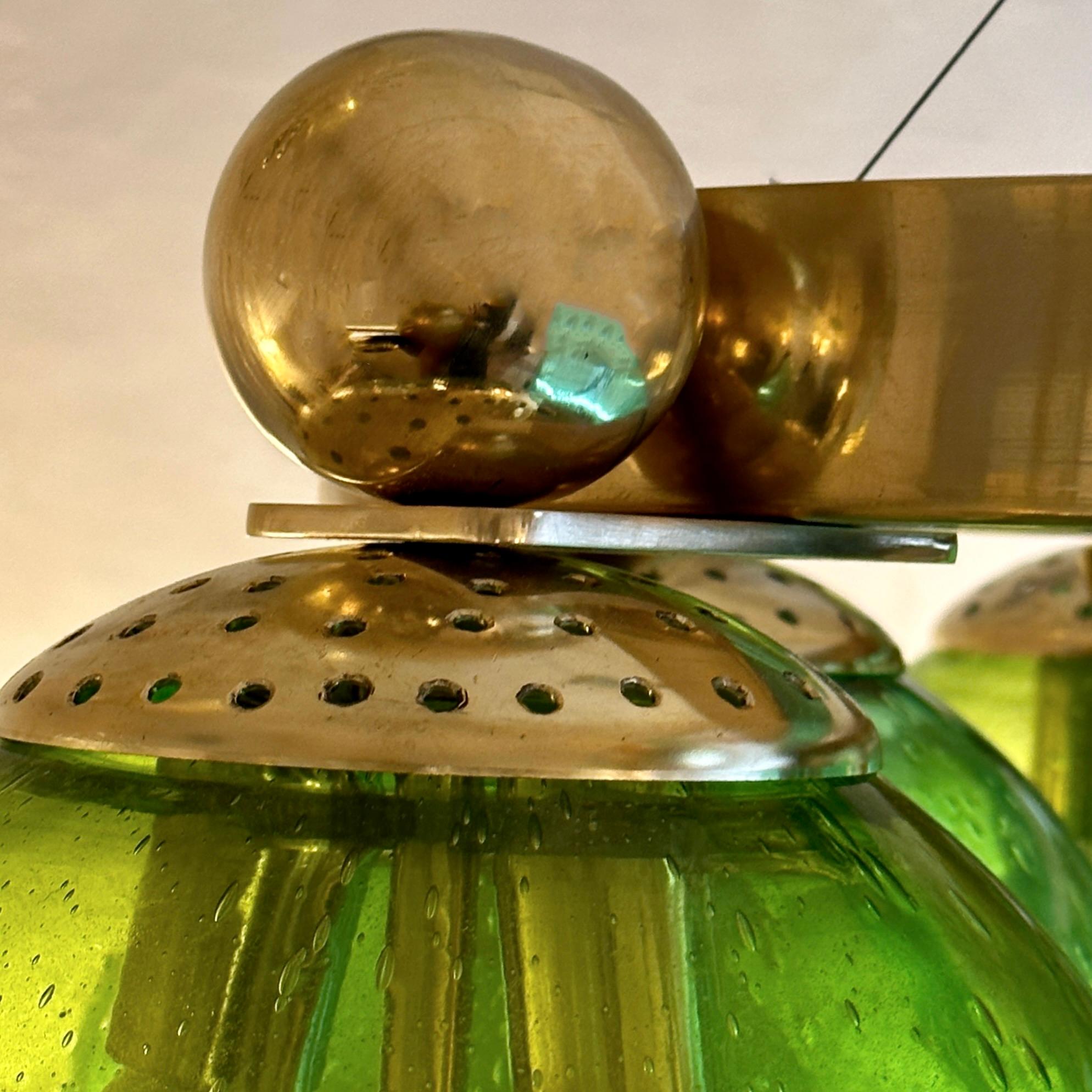 Late 20th Century Brass W/ Green Pulegoso Murano Art Glass Boules Chandelier 5