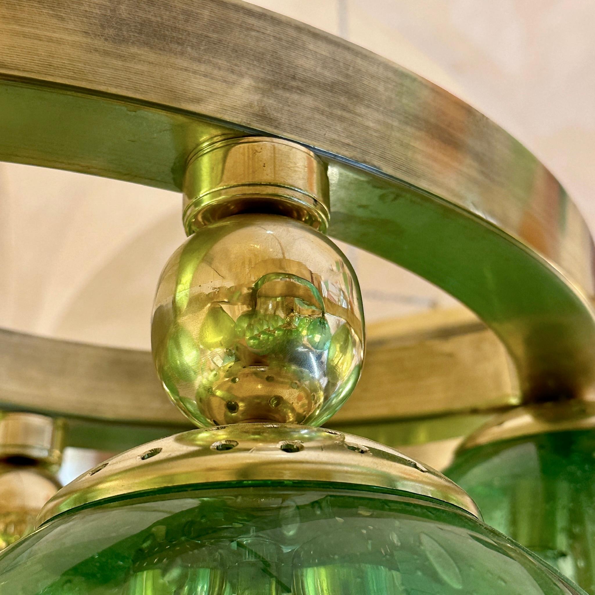 Late 20th Century Brass W/ Green Pulegoso Murano Art Glass Boules Chandelier 6