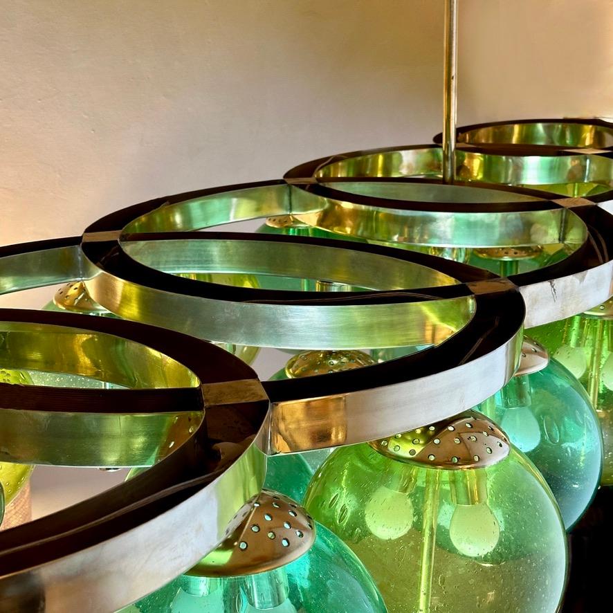 Italian Late 20th Century Brass W/ Green Pulegoso Murano Art Glass Boules Chandelier