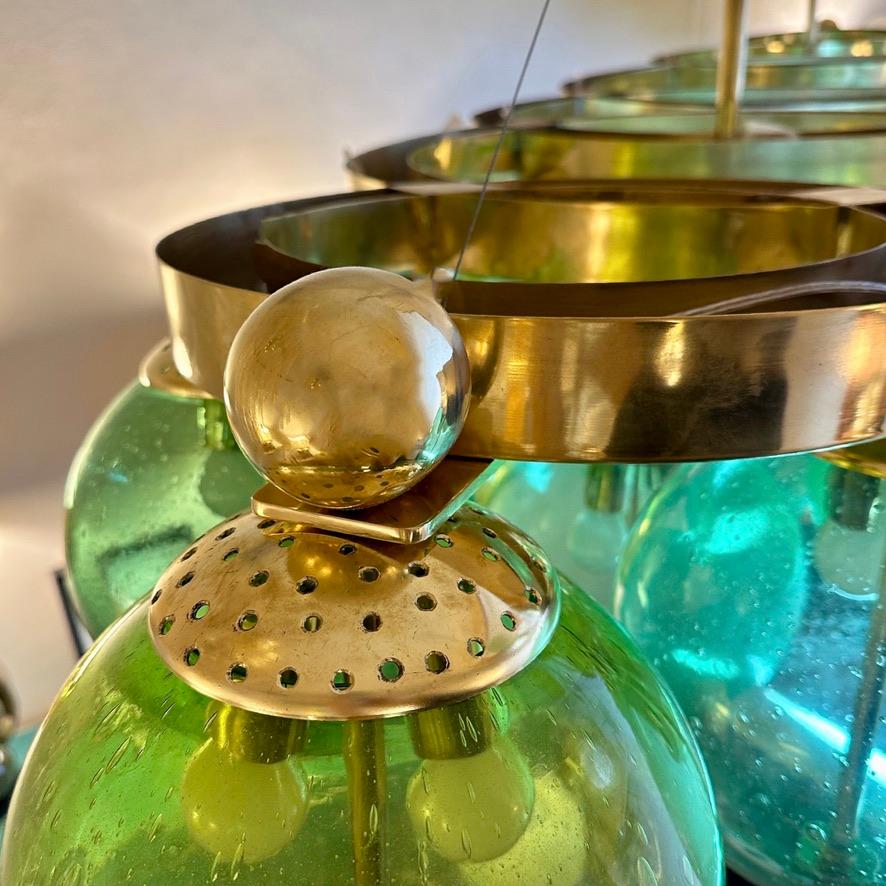 Late 20th Century Brass W/ Green Pulegoso Murano Art Glass Boules Chandelier 1