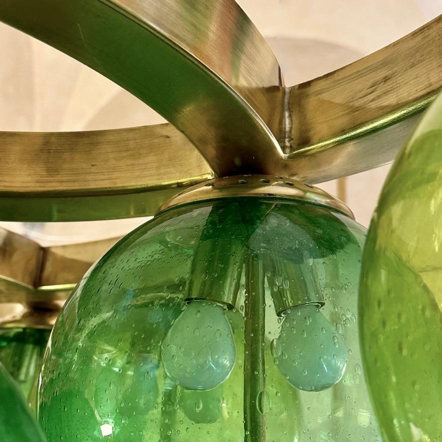 Late 20th Century Brass W/ Green Pulegoso Murano Art Glass Boules Chandelier 3