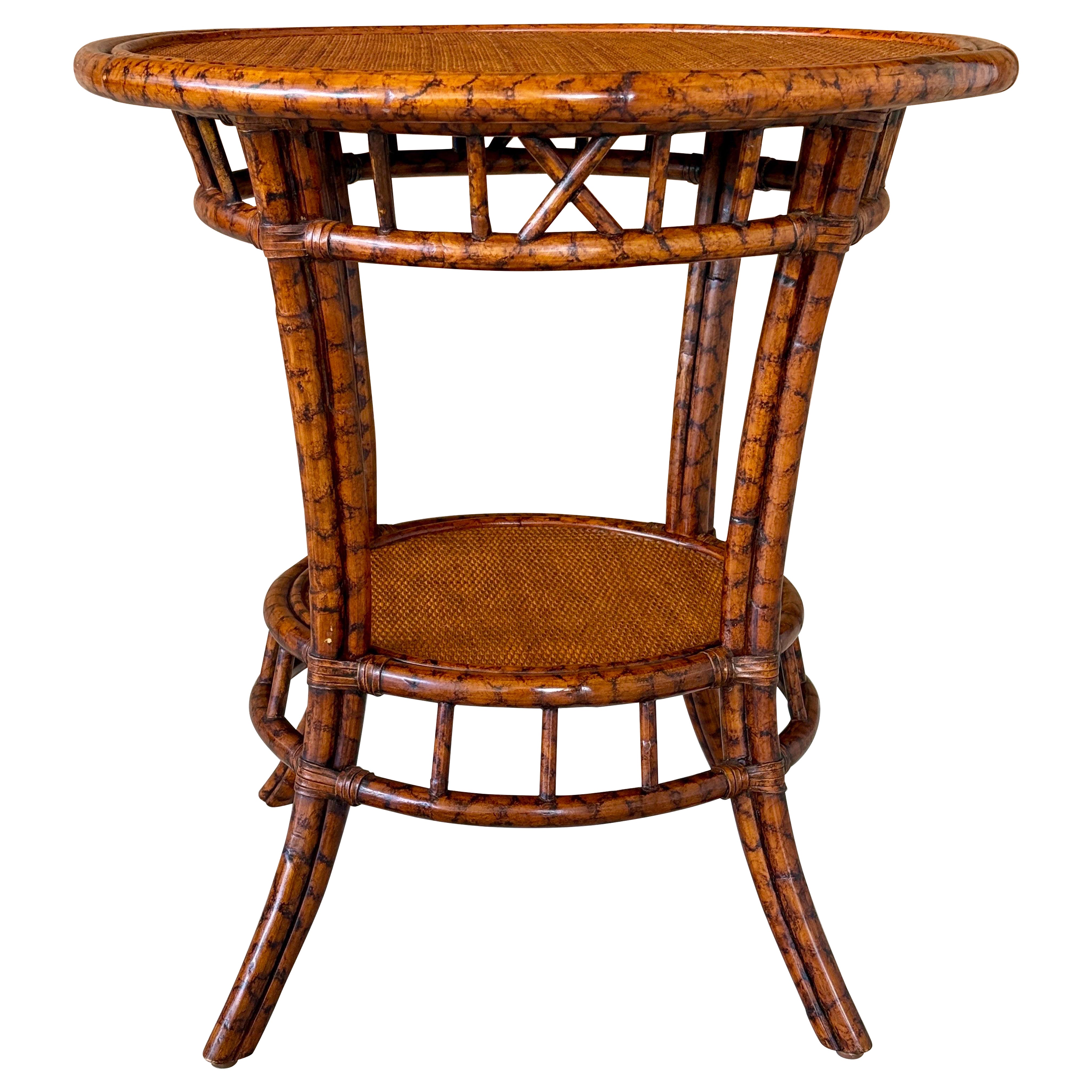 Late 20th Century British Colonial Tortoise Rattan & Cane Round Center Table For Sale