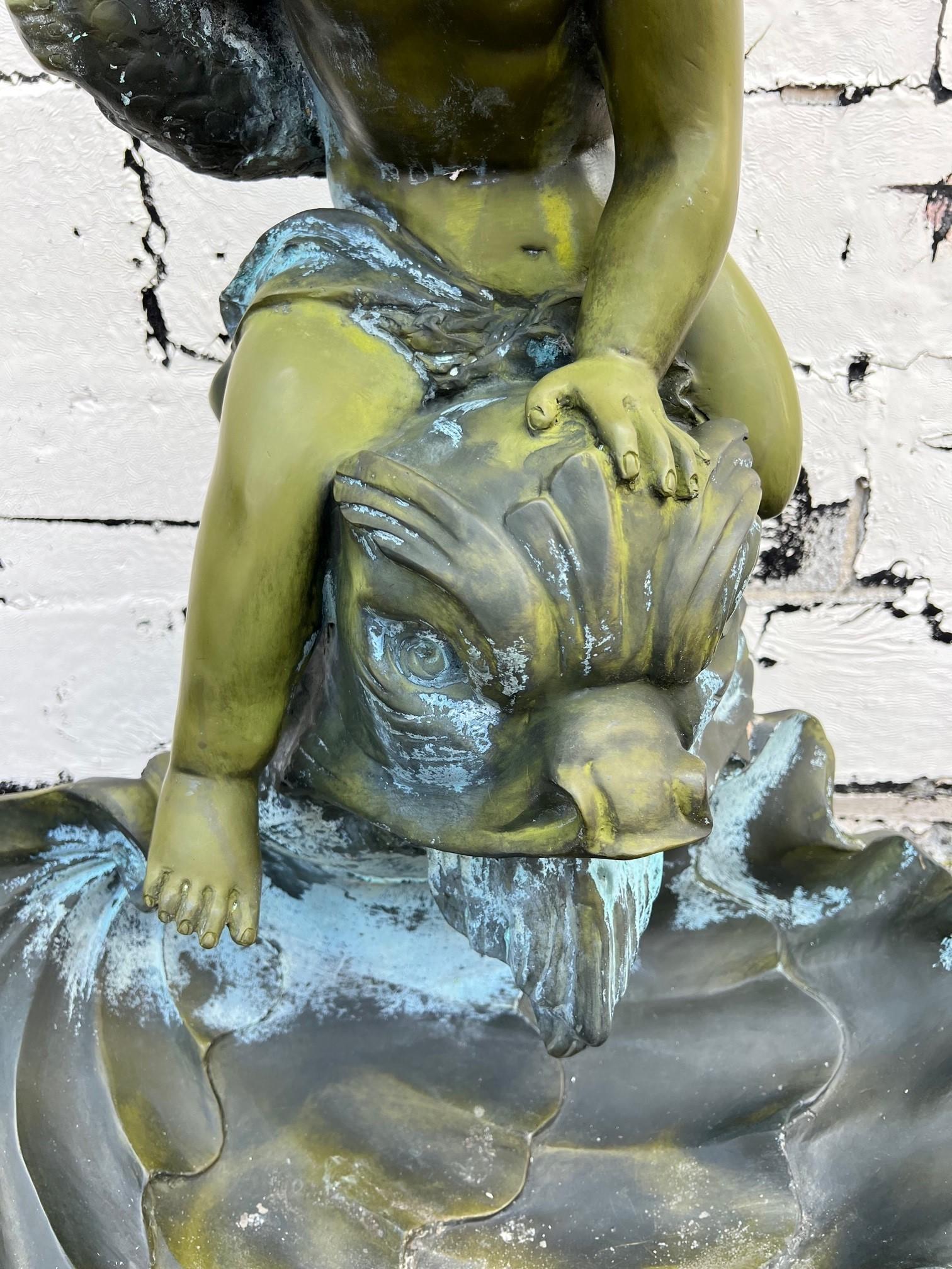 Late 20th Century Bronze Boy on Dolphin Fish with Shell Fountain In Good Condition In Stamford, CT