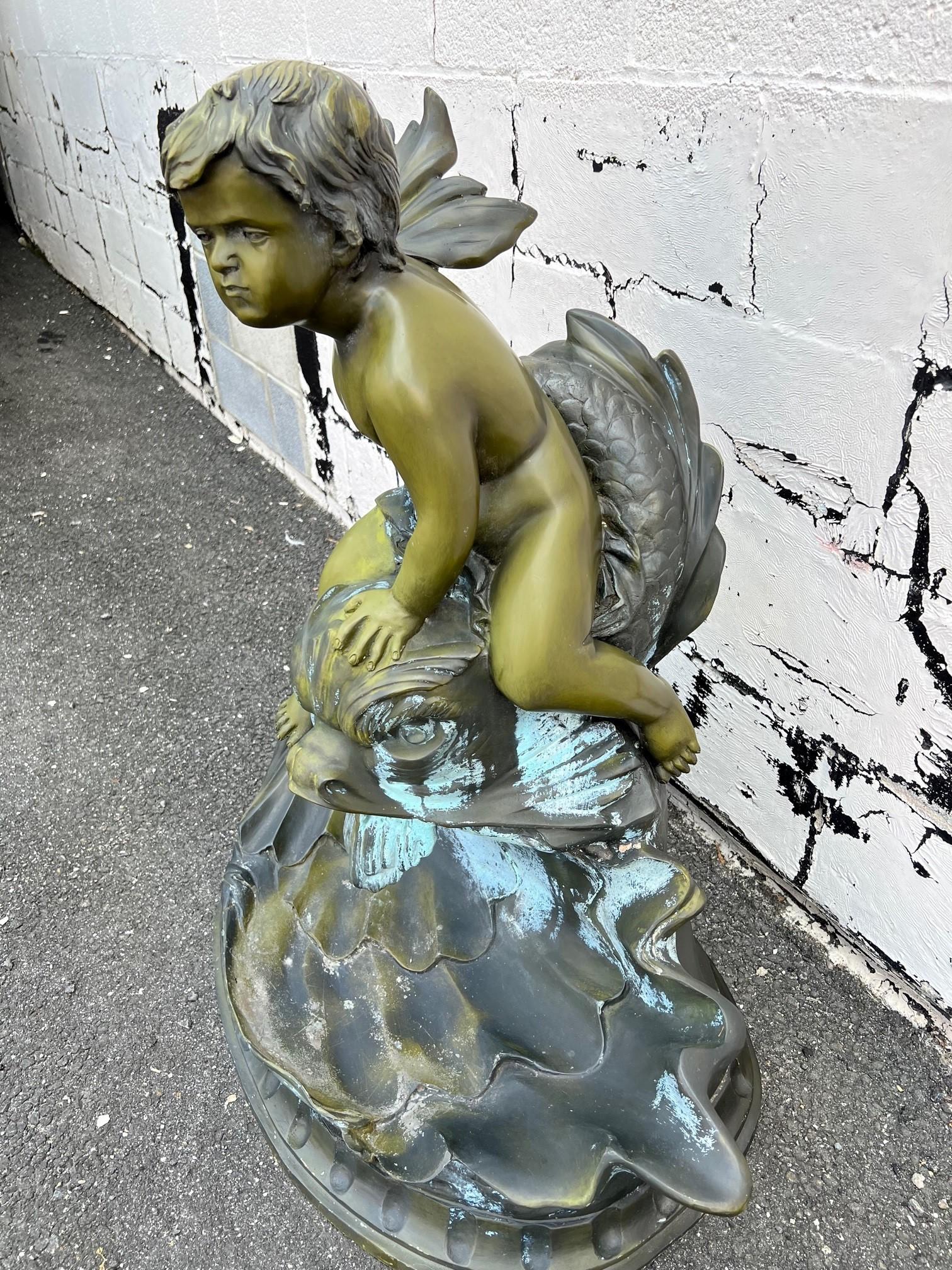 Late 20th Century Bronze Boy on Dolphin Fish with Shell Fountain 3