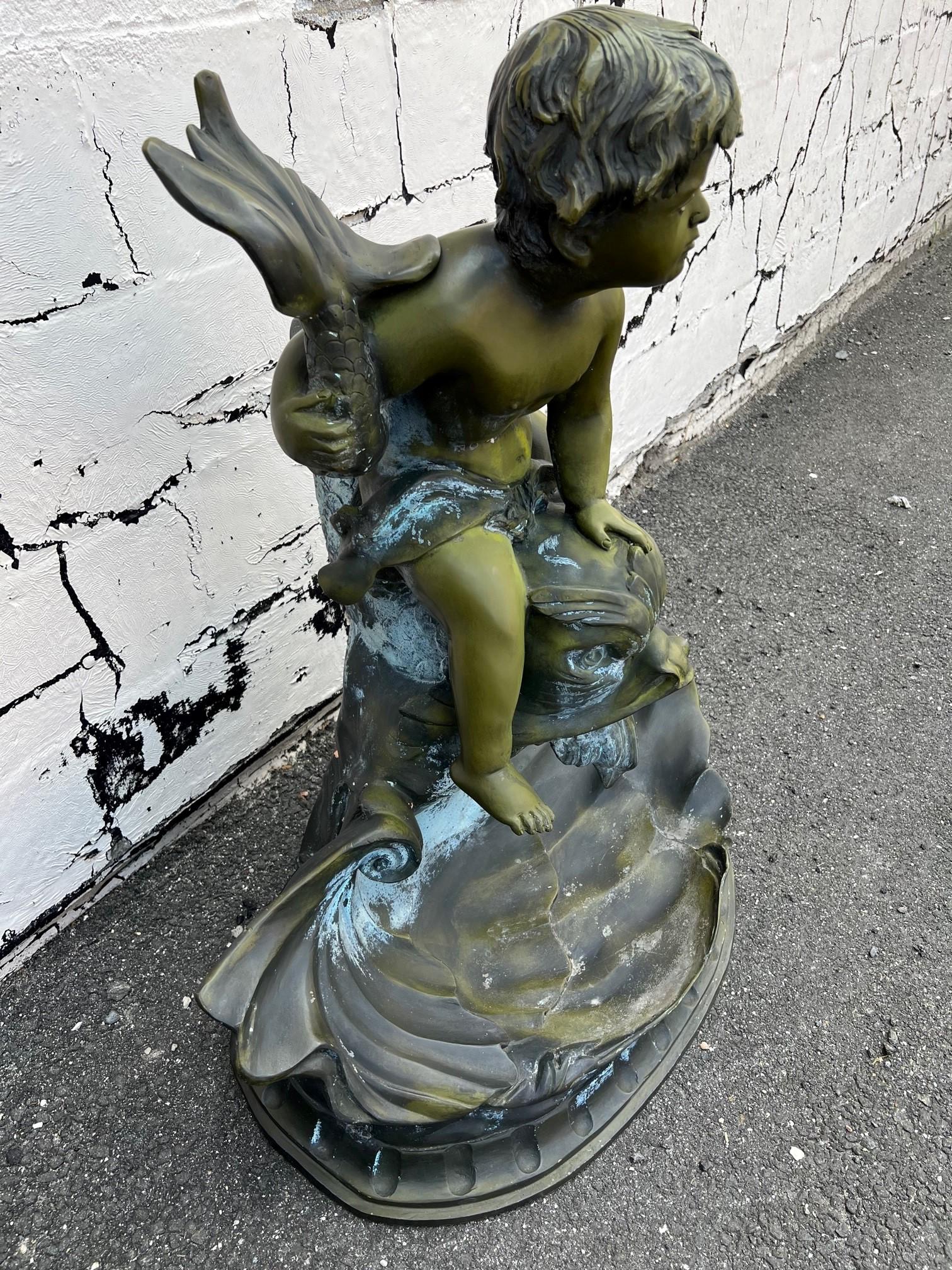 Late 20th Century Bronze Boy on Dolphin Fish with Shell Fountain 4