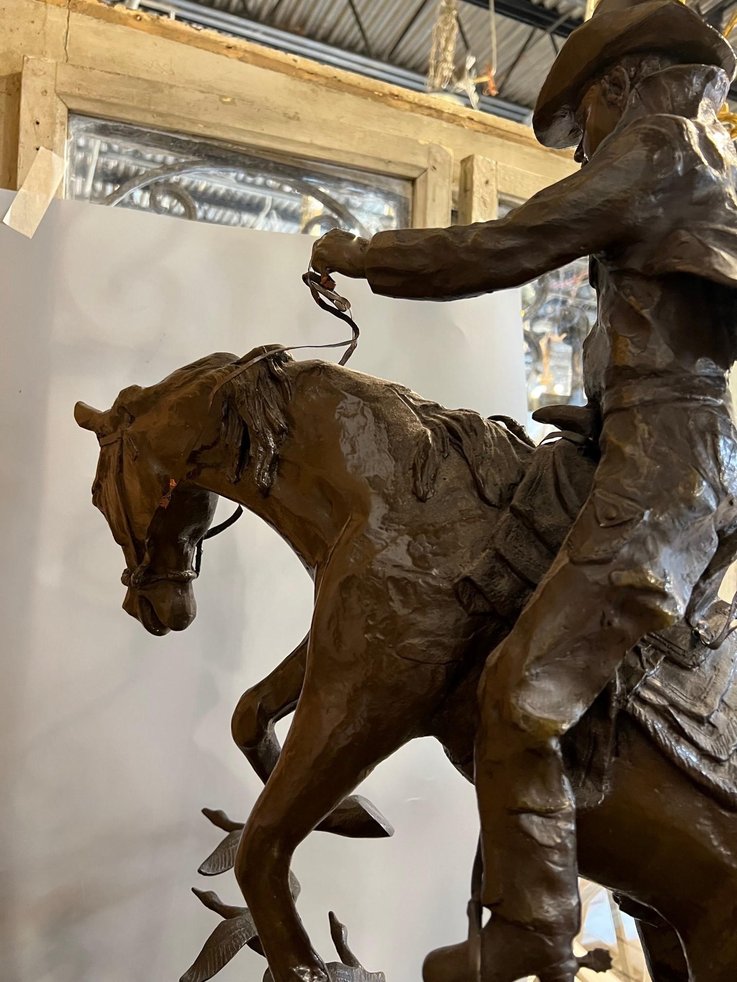 Late 20th Century Bronze Cowboy on a Rearing Horse with Birds and a Marble Base  For Sale 2