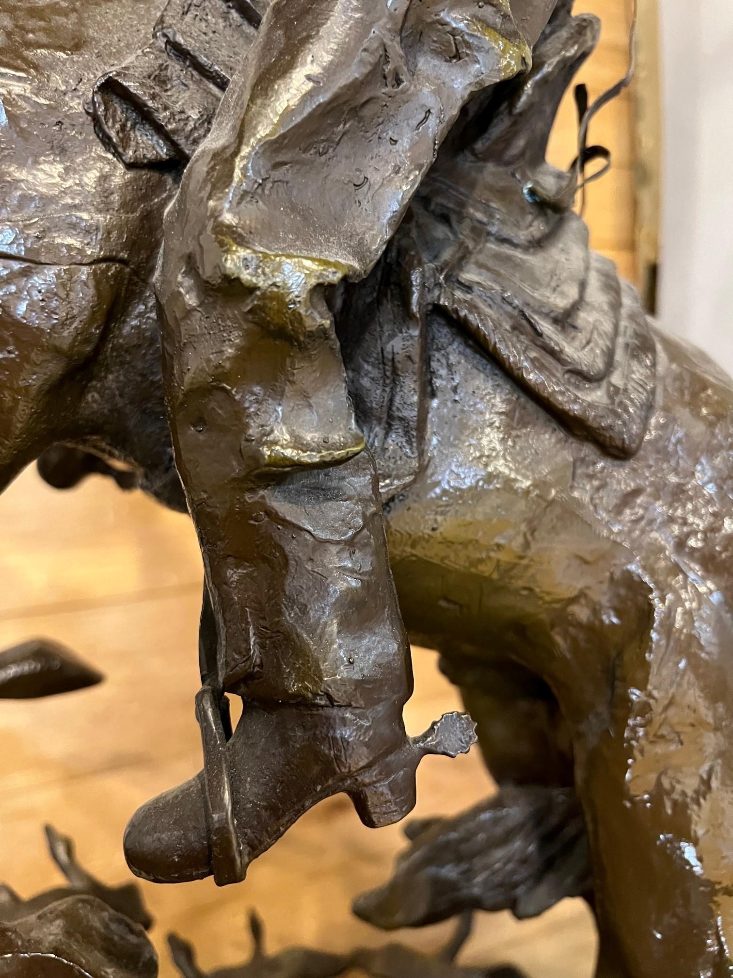 Late 20th Century Bronze Cowboy on a Rearing Horse with Birds and a Marble Base  For Sale 3