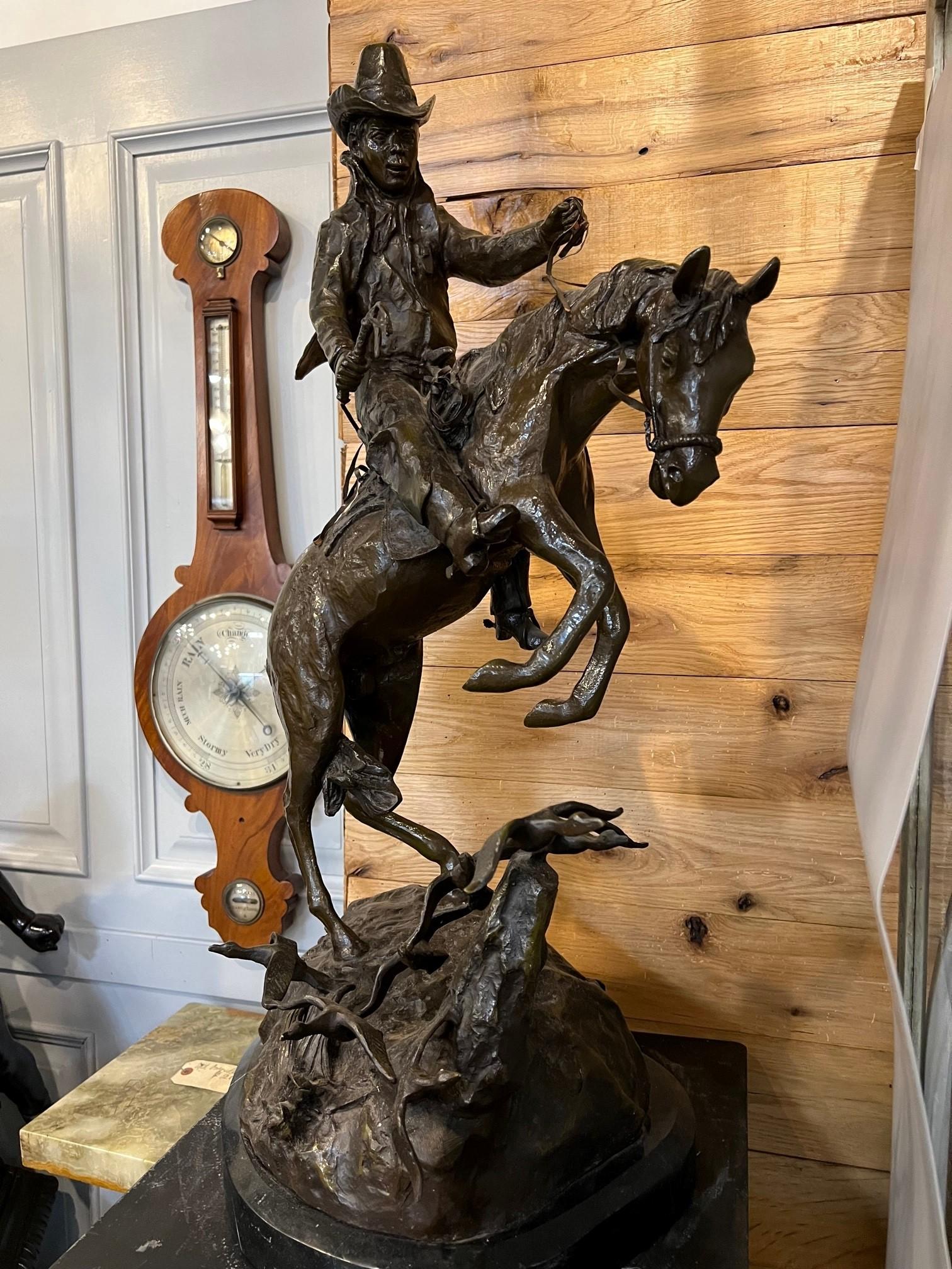 Late 20th Century Bronze Cowboy on a Rearing Horse with Birds and a Marble Base  For Sale 4