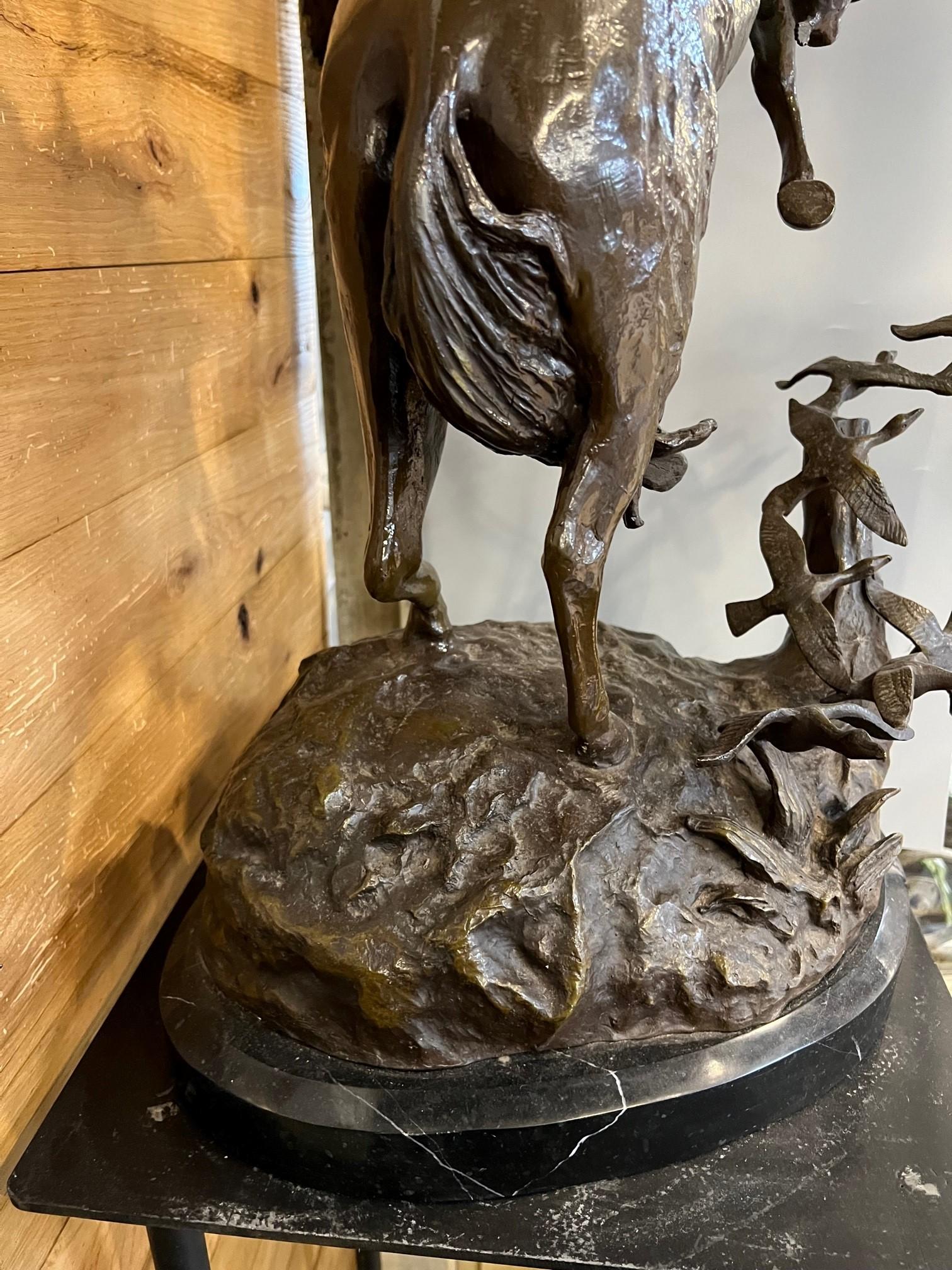 Late 20th Century Bronze Cowboy on a Rearing Horse with Birds and a Marble Base  For Sale 6