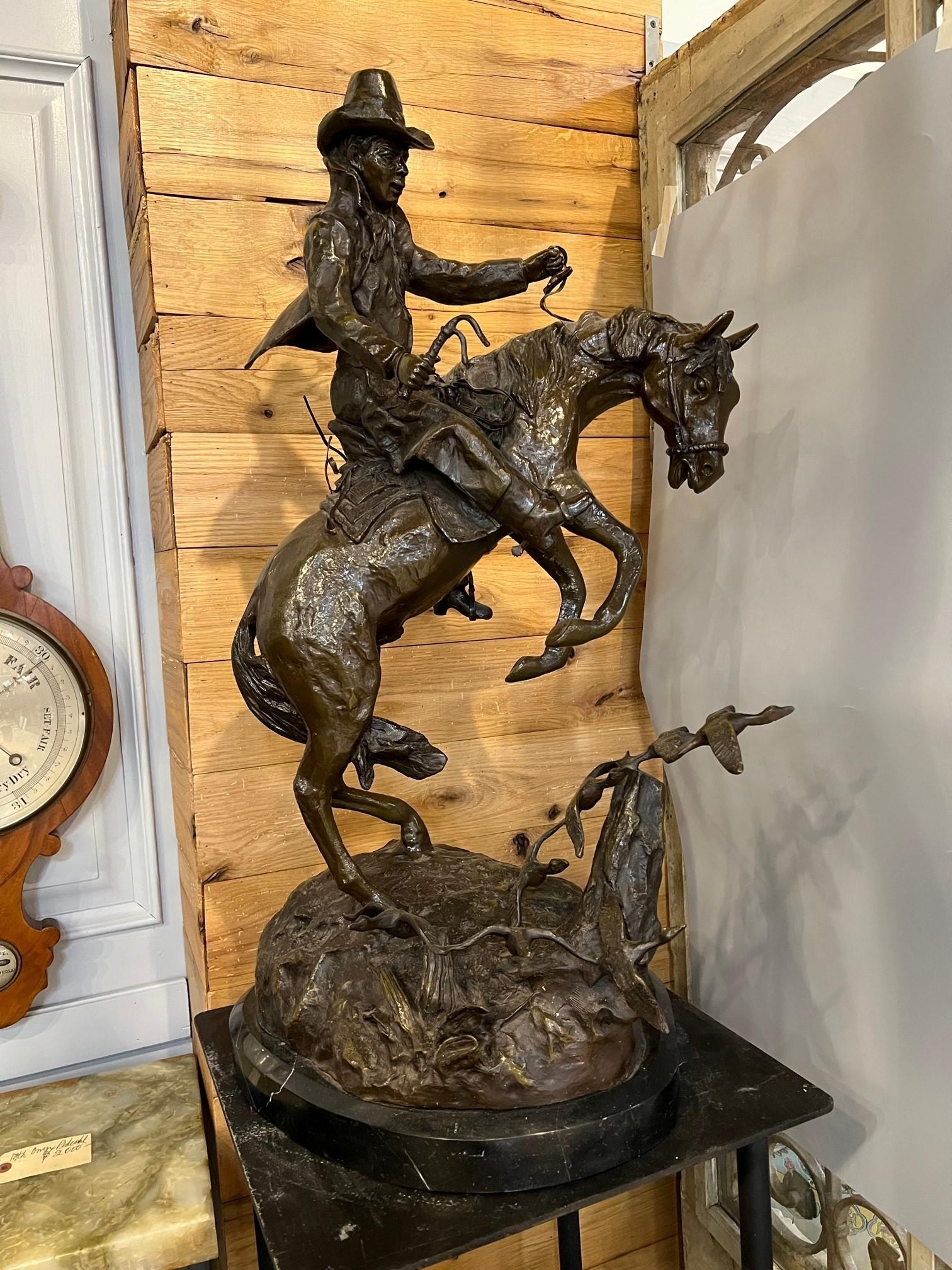 Thai Late 20th Century Bronze Cowboy on a Rearing Horse with Birds and a Marble Base  For Sale