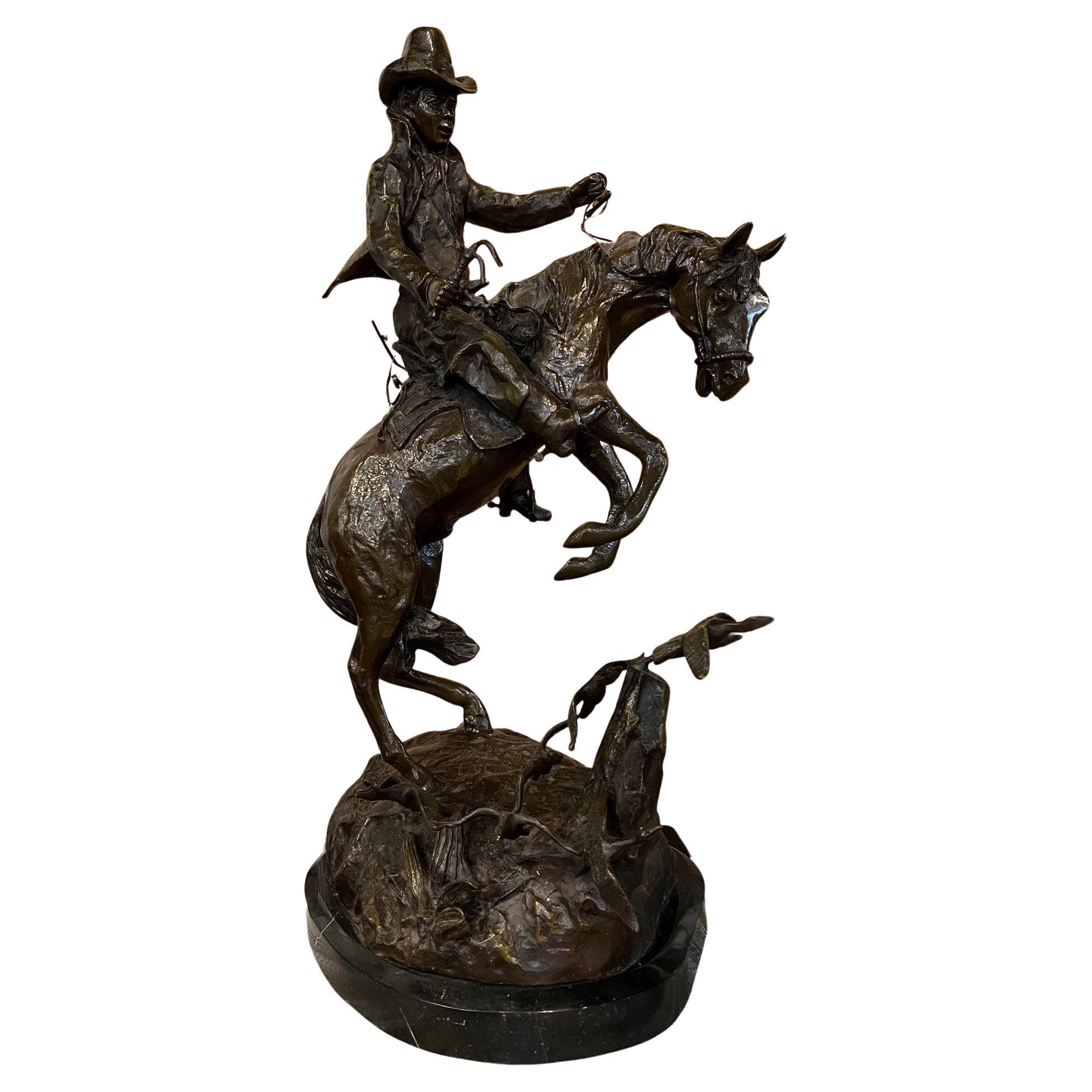 Late 20th Century Bronze Cowboy on a Rearing Horse with Birds and a Marble Base  For Sale