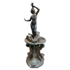 Vintage Late 20th Century Bronze Fountain Woman with Flower, Cherubs and Dolphin Fish