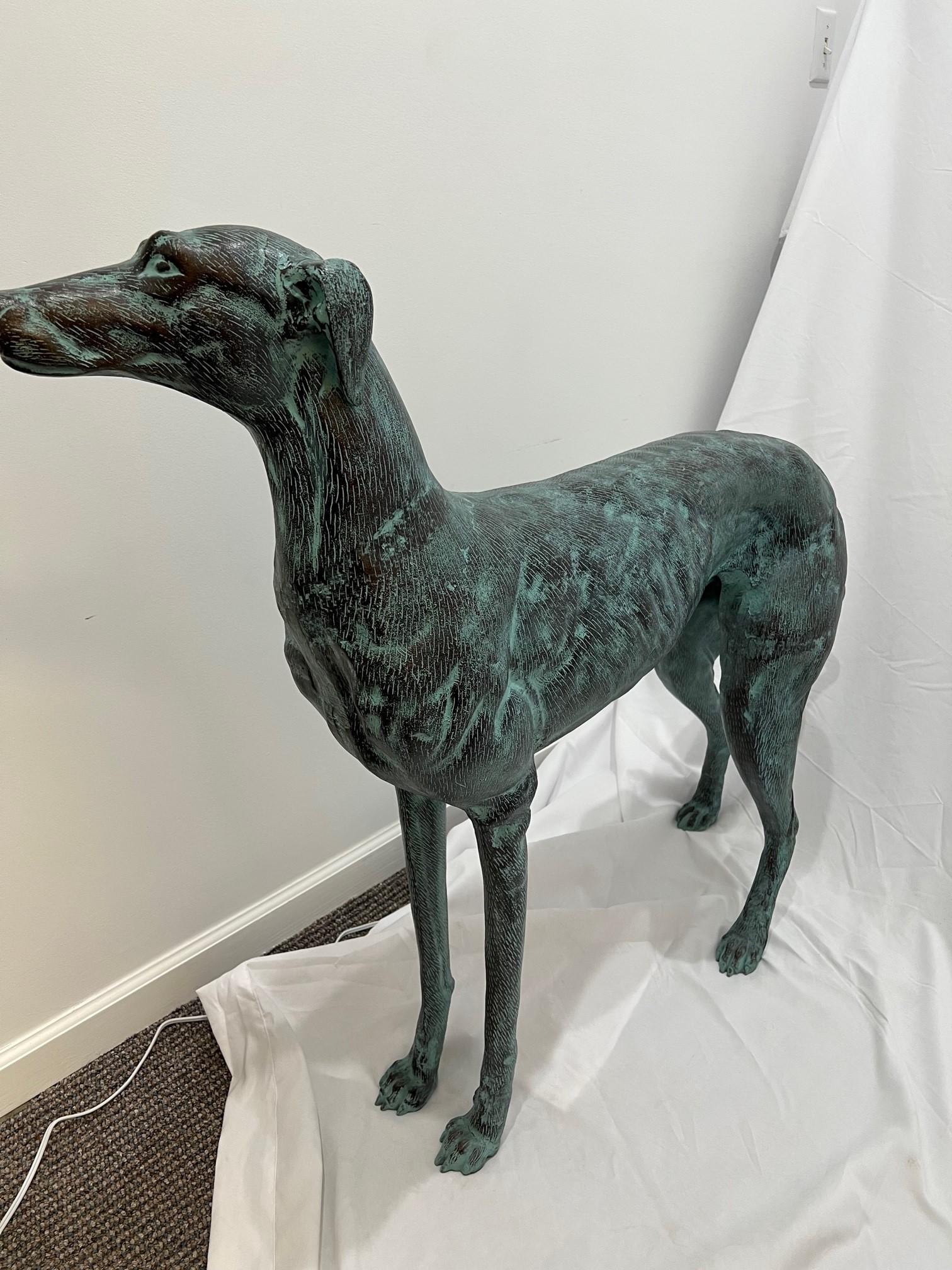 Late 20th Century Bronze Life Size Greyhound Dog Statue with a Green Patina In Good Condition For Sale In Stamford, CT