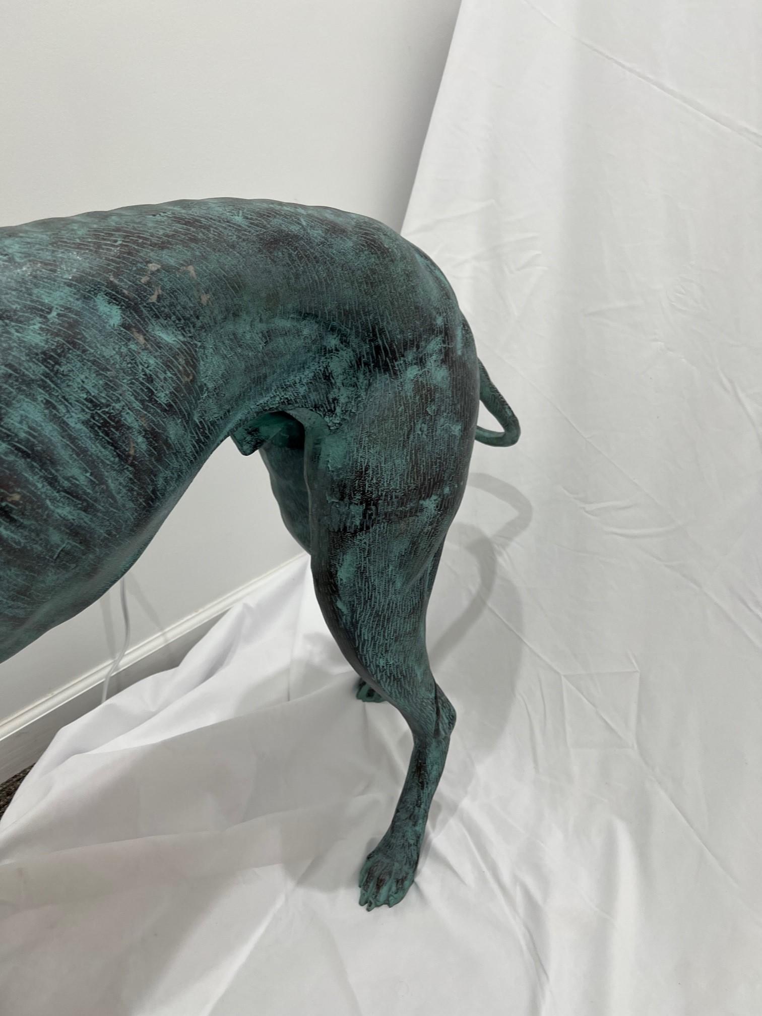 Late 20th Century Bronze Life Size Greyhound Dog Statue with a Green Patina For Sale 1