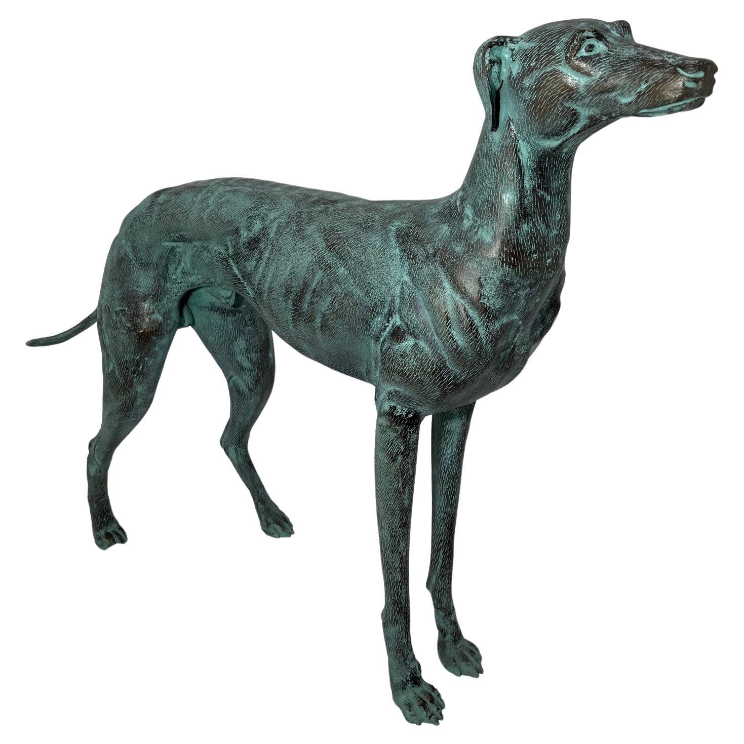 Late 20th Century Bronze Life Size Greyhound Dog Statue with a Green Patina For Sale