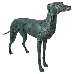 Vintage Late 20th Century Bronze Life Size Greyhound Dog Statue with a Green Patina