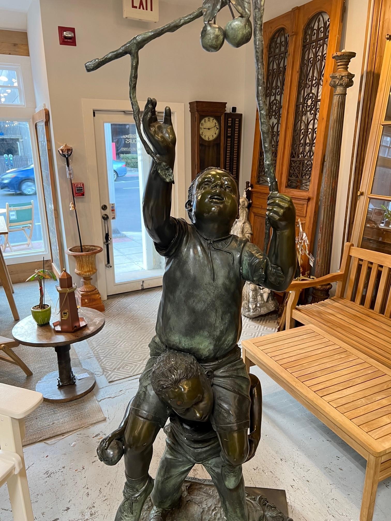 Late 20th Century Bronze Statue of Two Boys Picking Apples For Sale 9