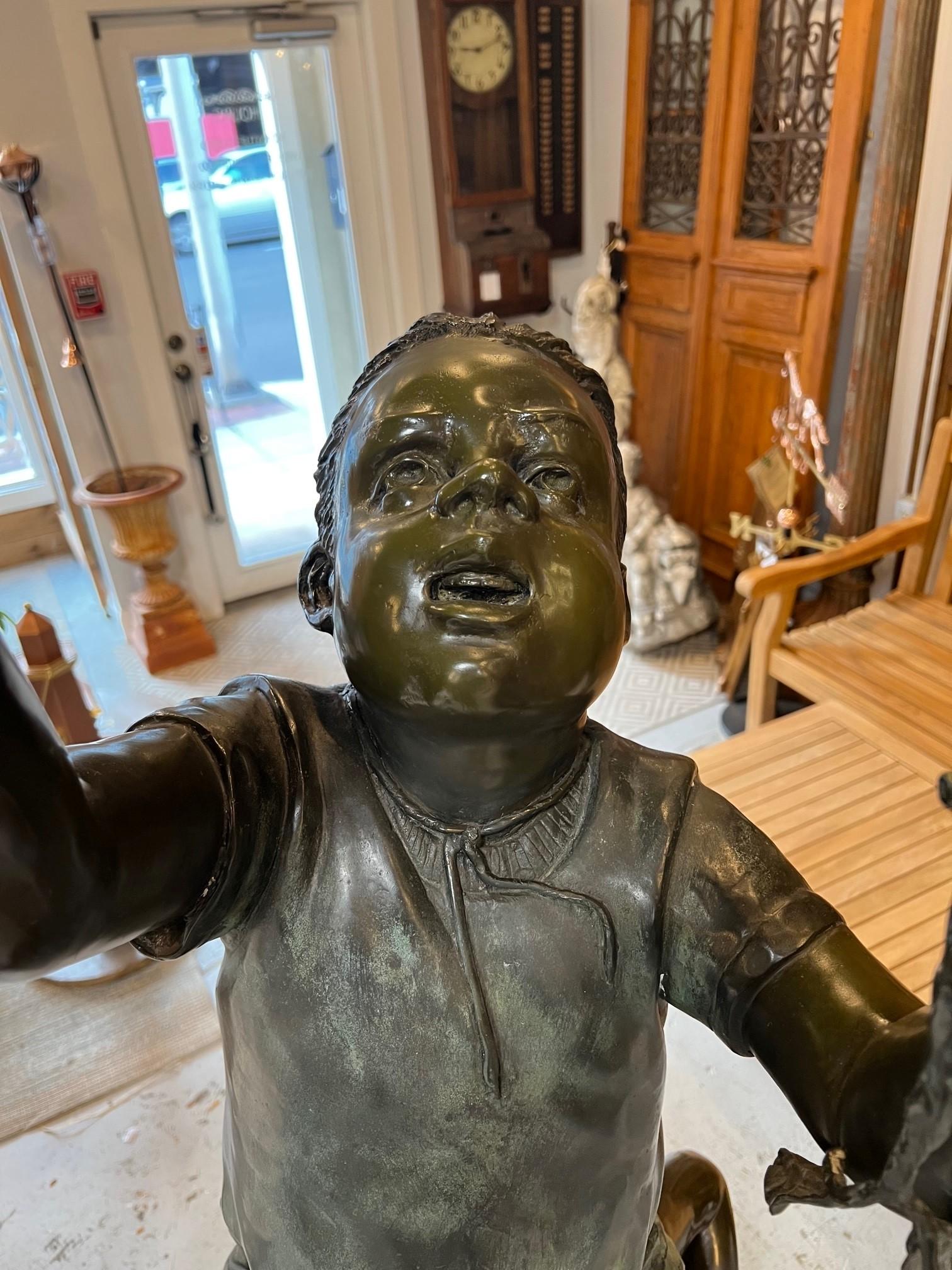 Late 20th Century Bronze Statue of Two Boys Picking Apples In Good Condition For Sale In Stamford, CT
