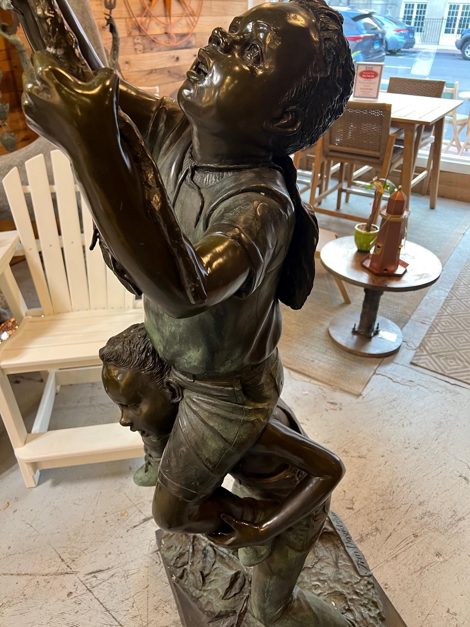 Late 20th Century Bronze Statue of Two Boys Picking Apples For Sale 4