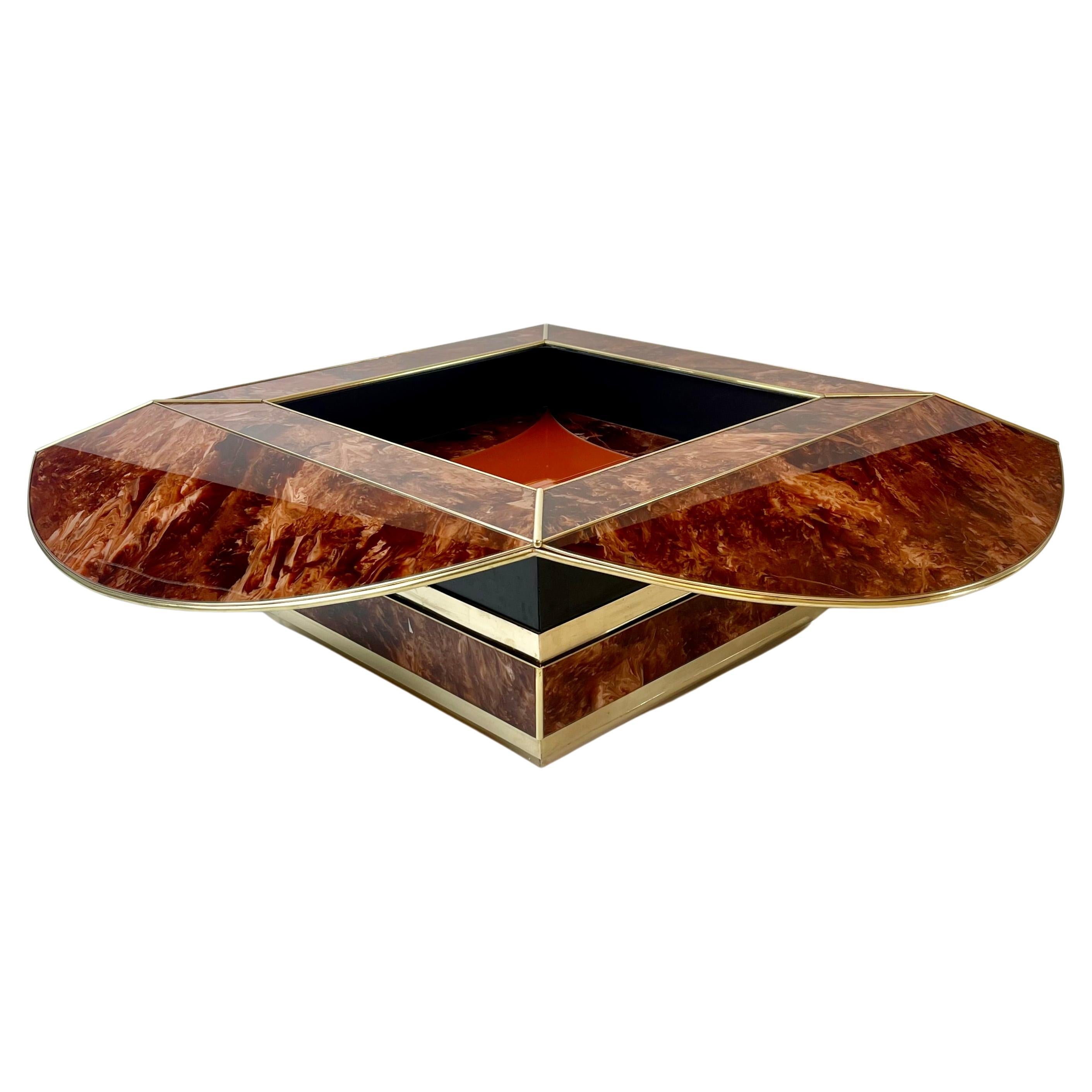 Late 20th Century Brown & Orange Murano Glass W/ Brass Finishings Cocktail Table