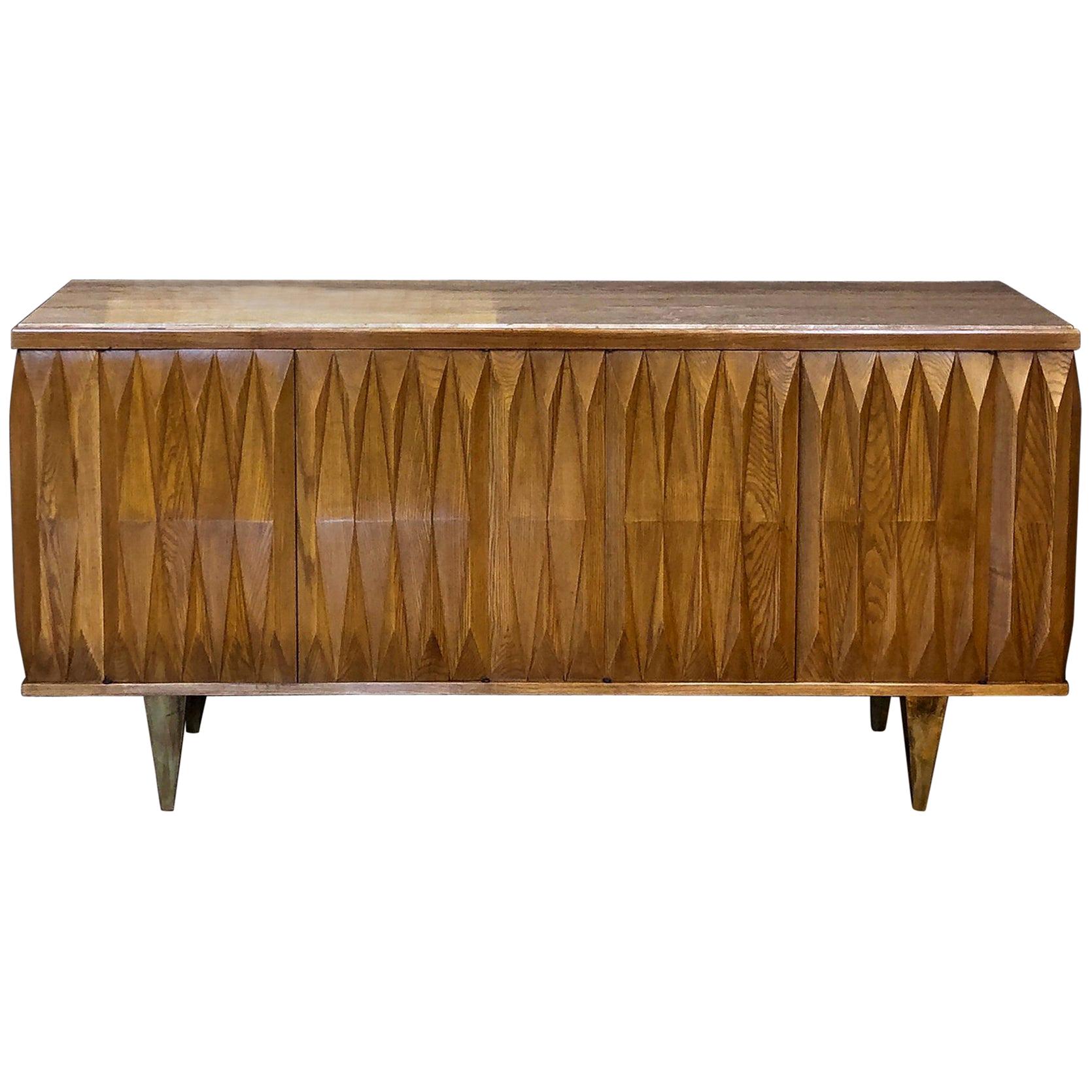 Late 20th Century Brutalist Oak Credenza with Travertine Top and Brass Feet