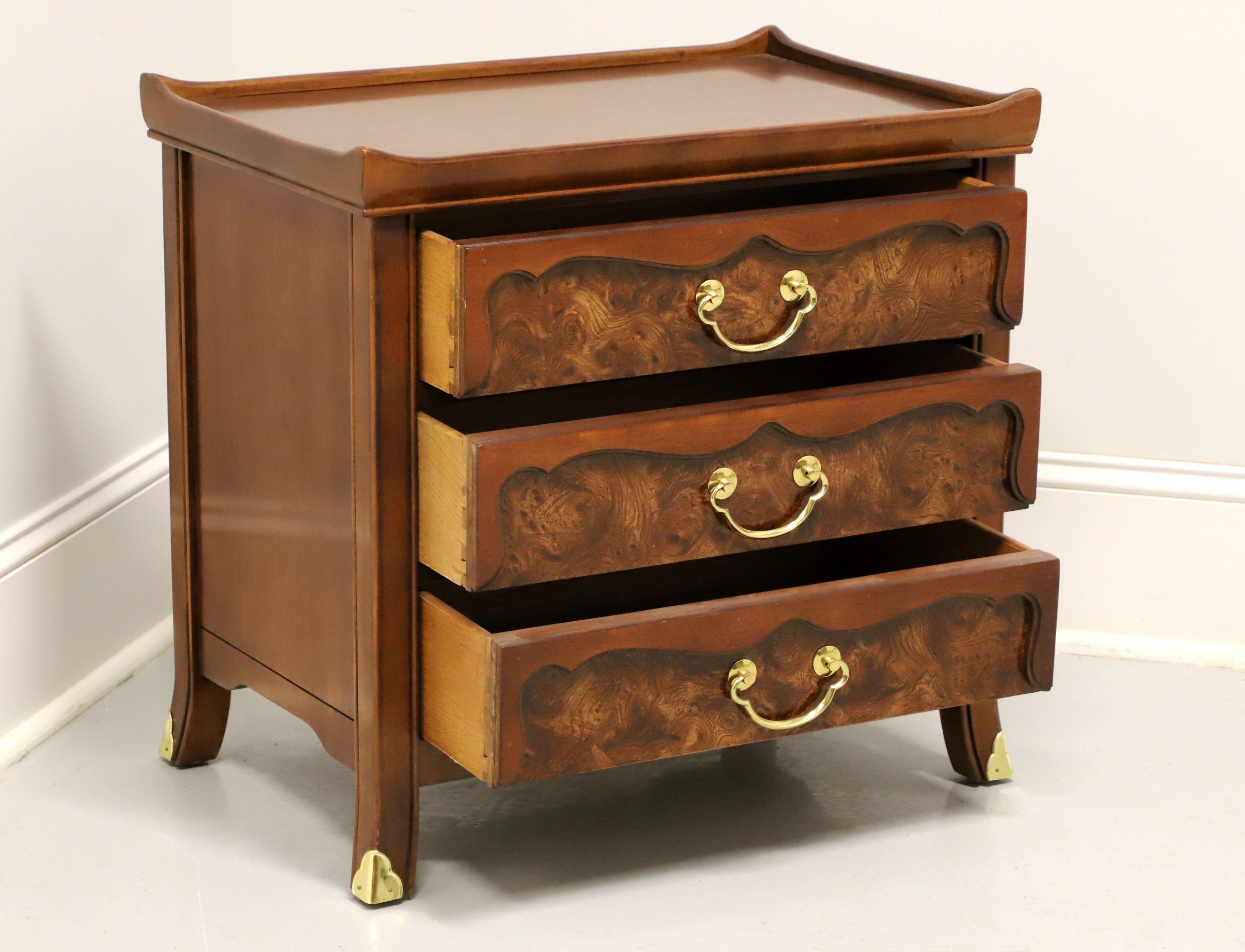 Late 20th Century Burl Walnut Asian Inspired Three-Drawer Nightstand In Good Condition For Sale In Charlotte, NC