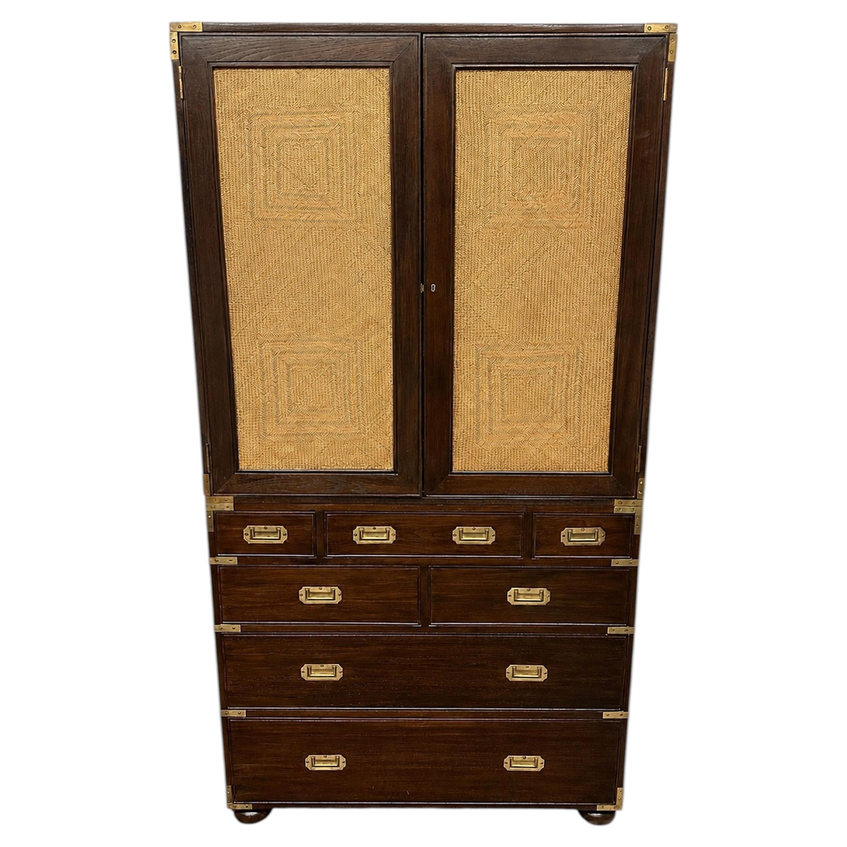 Late 20th Century Campaign Rattan Linen Press / Armoire For Sale