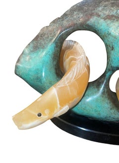 Late 20th Century Campbell Calcite Fish Sculpture Bronze Reef Marble Base U.S.A.