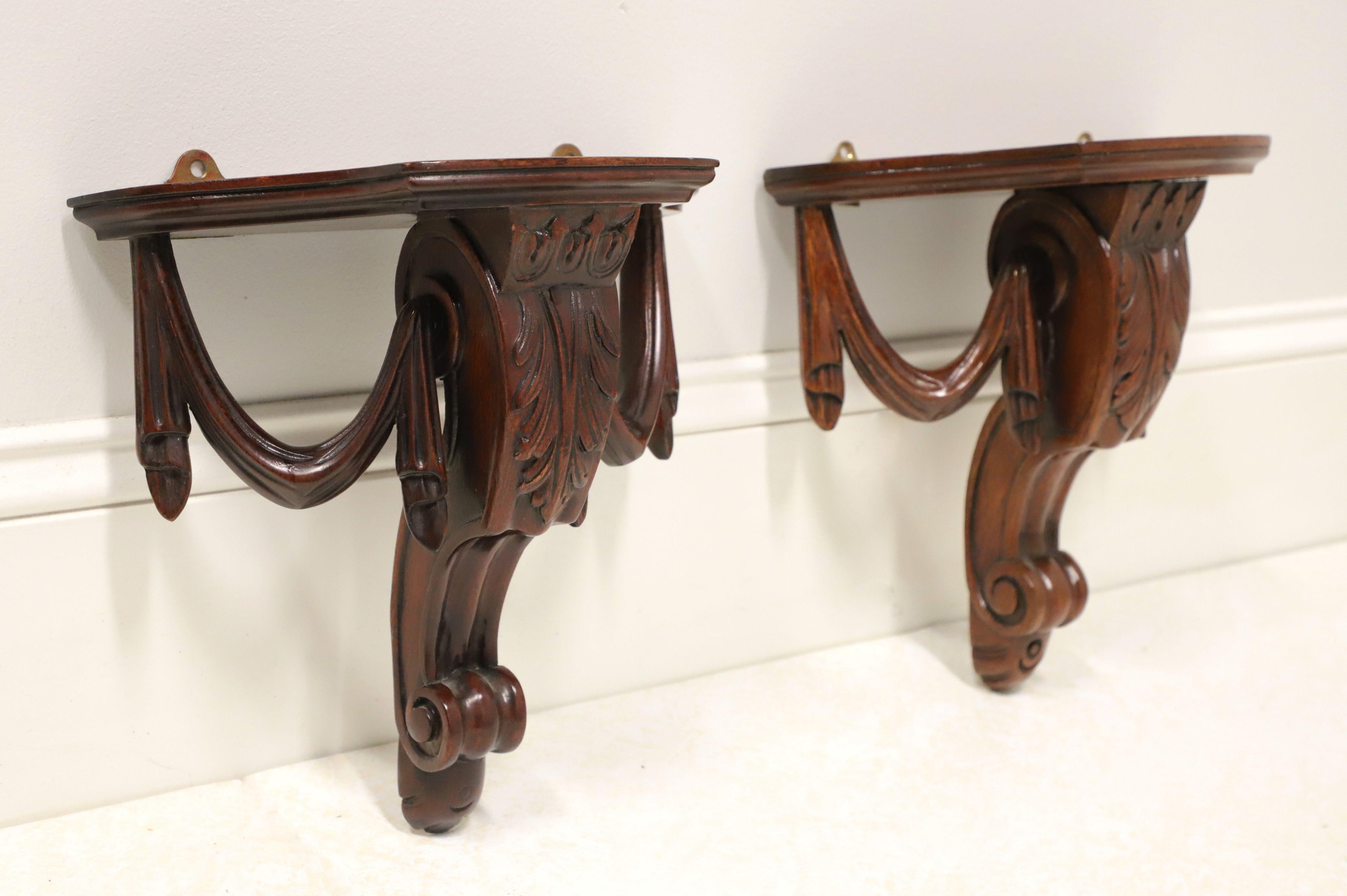 Chippendale Late 20th Century Carved Mahogany Acanthus Leaf Wall Bracket Shelves - Pair