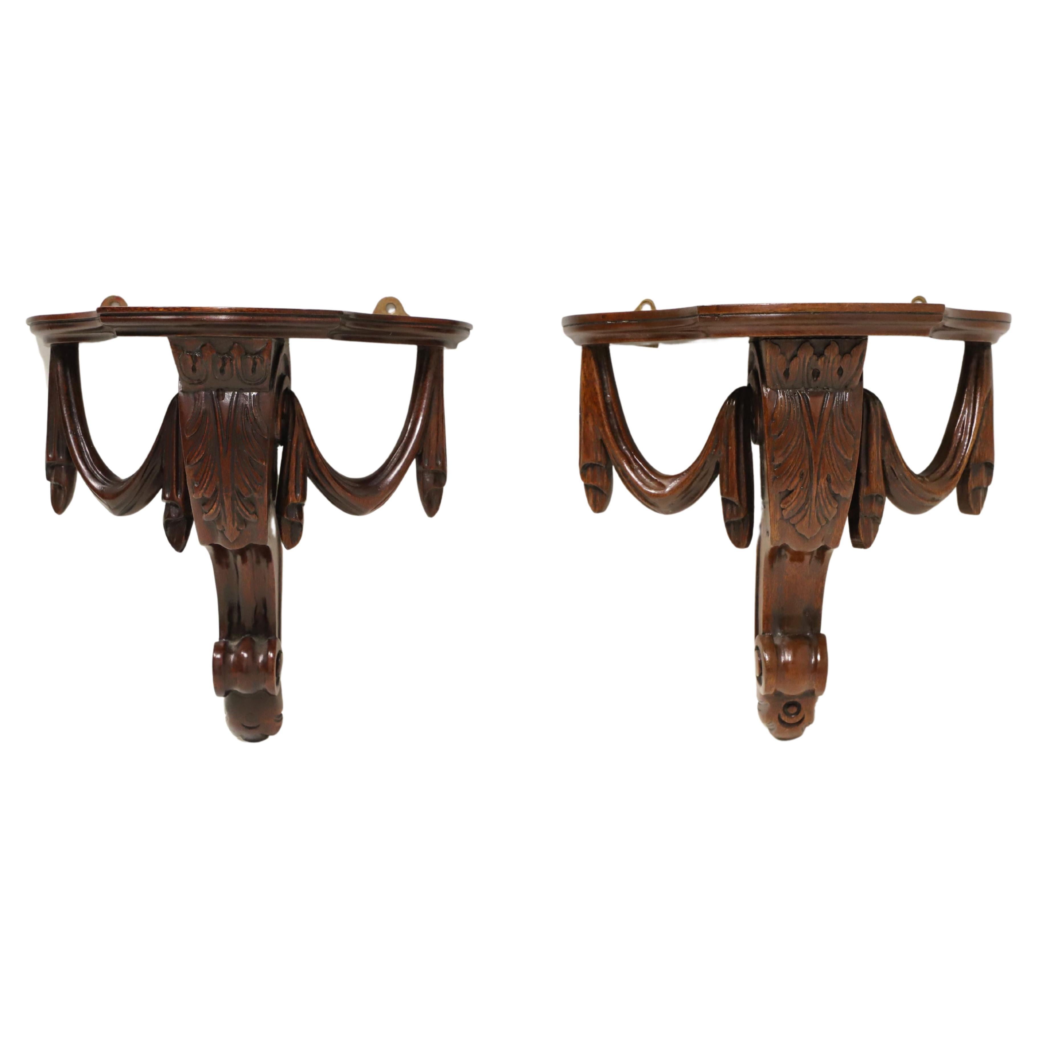 Late 20th Century Carved Mahogany Acanthus Leaf Wall Bracket Shelves - Pair