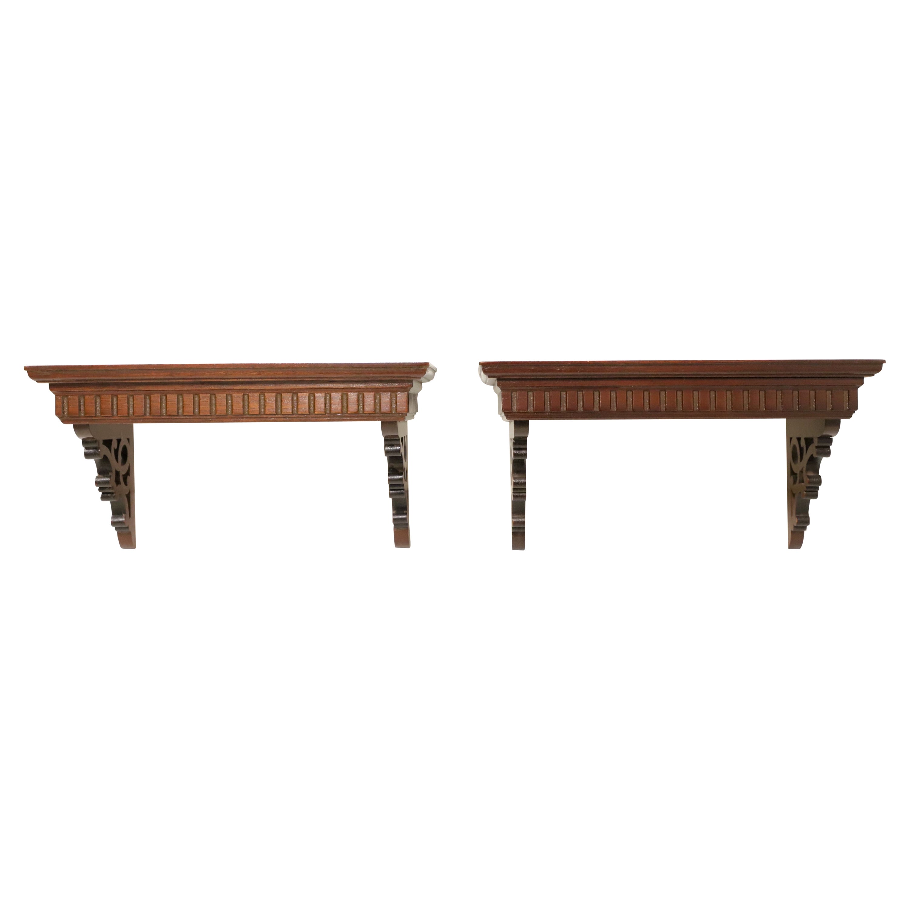 Late 20th Century Carved Mahogany Pierced Wall Bracket Shelves - Pair