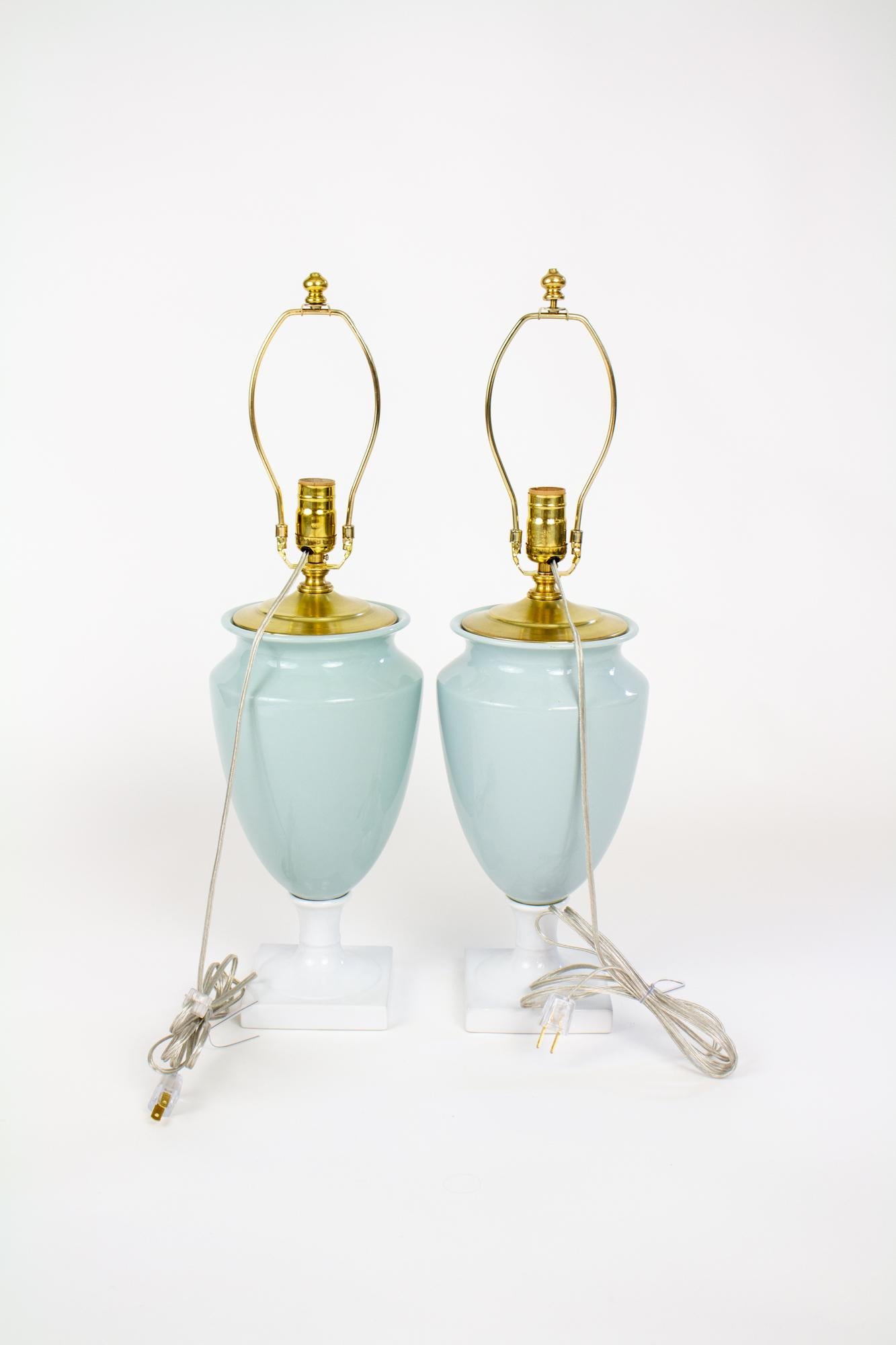 Neoclassical Revival Late 20th Century Celadon and White Porcelain Urn Table Lamps - a Pair For Sale