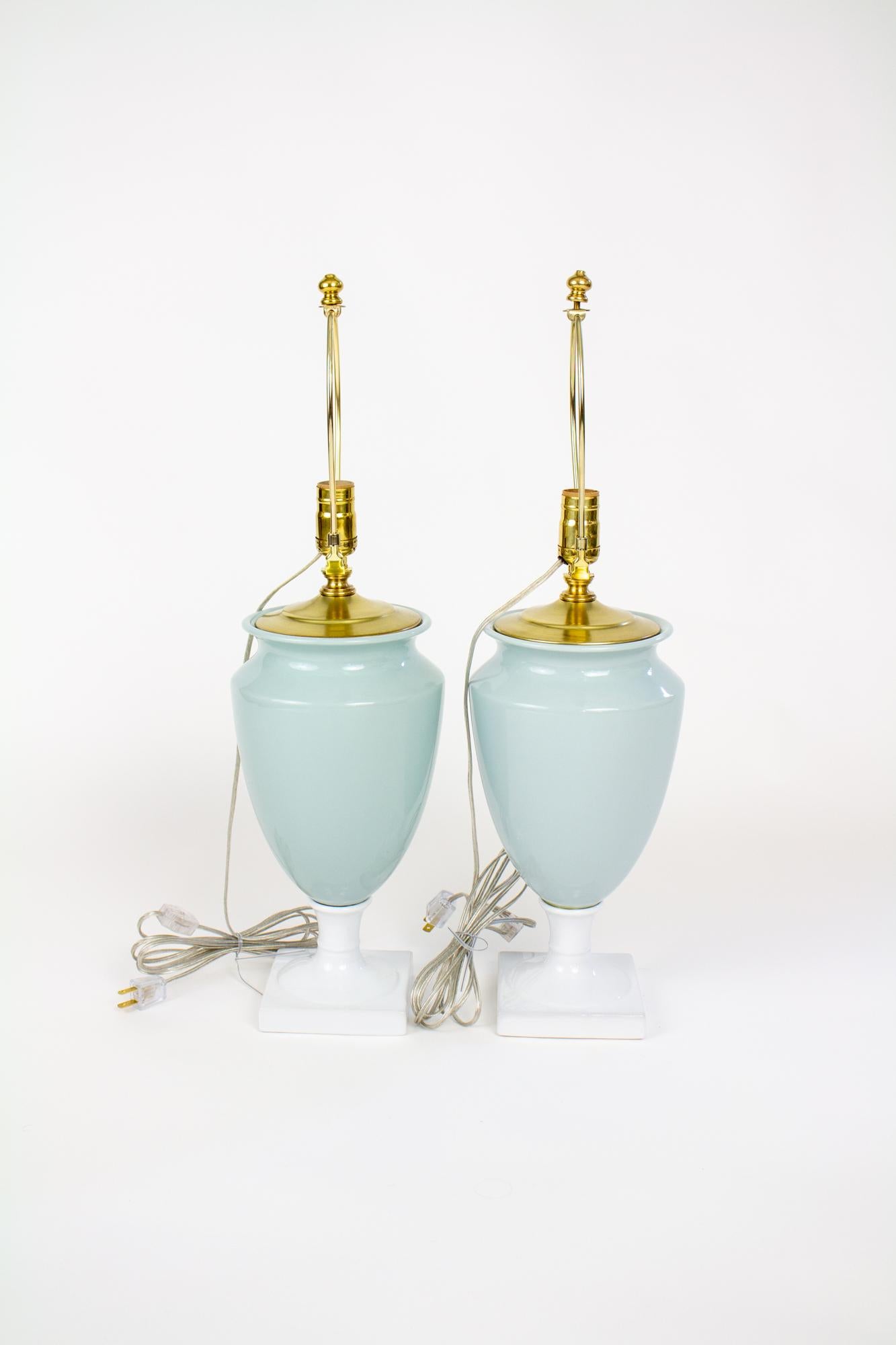Chinese Late 20th Century Celadon and White Porcelain Urn Table Lamps - a Pair For Sale