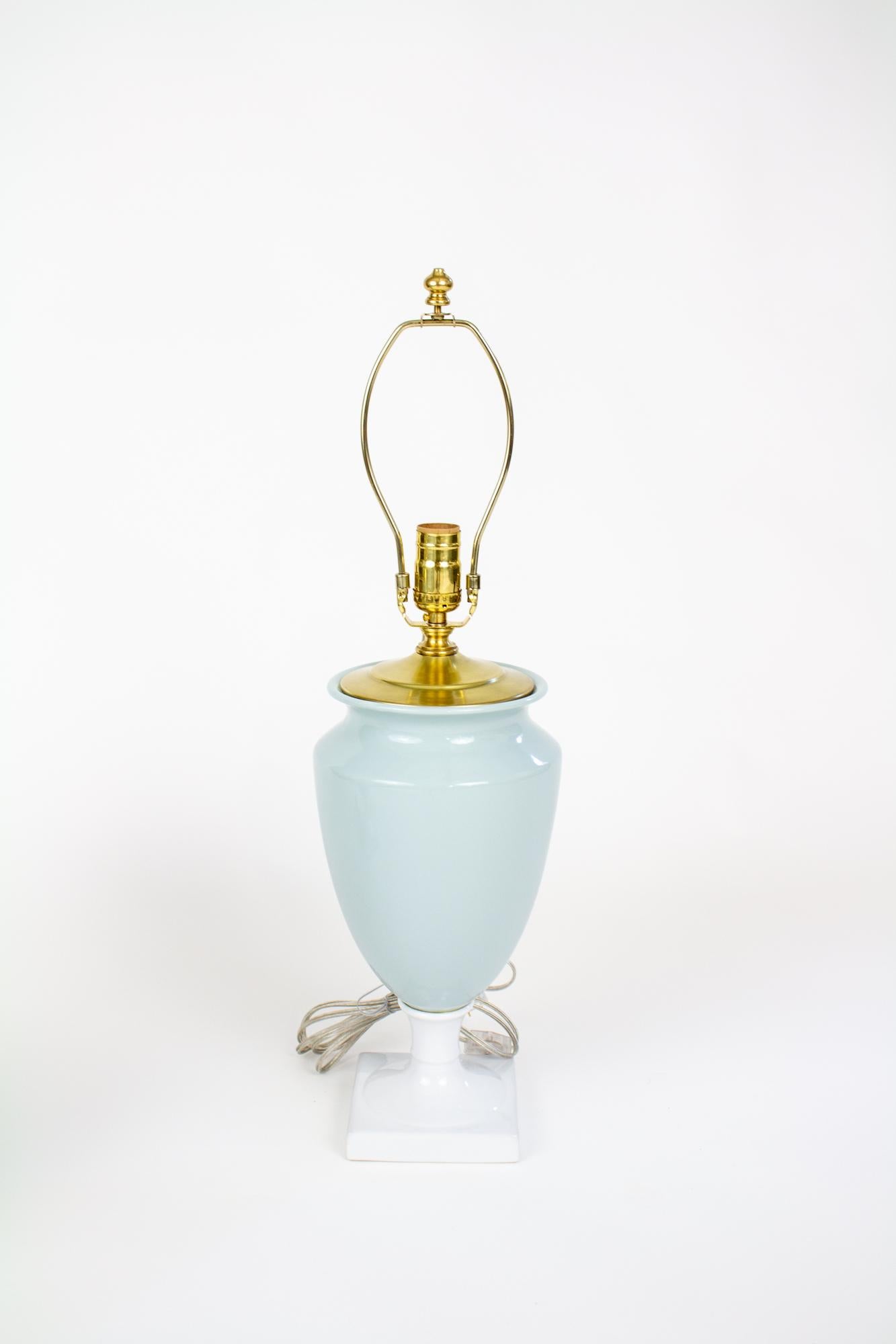 Late 20th Century Celadon and White Porcelain Urn Table Lamps - a Pair In Excellent Condition For Sale In Canton, MA