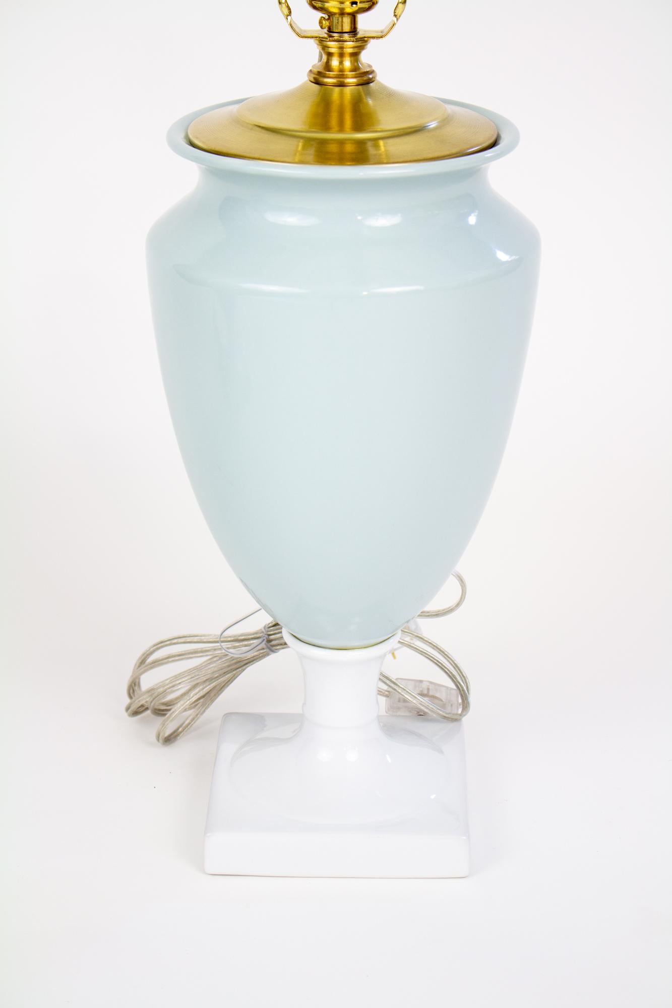 Late 20th Century Celadon and White Porcelain Urn Table Lamps - a Pair For Sale 1