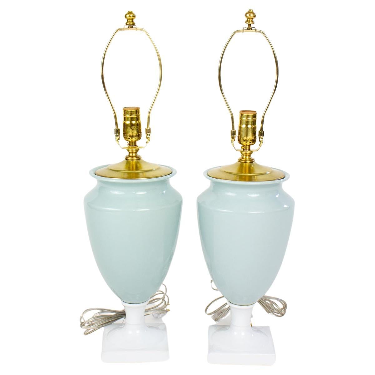 Late 20th Century Celadon and White Porcelain Urn Table Lamps - a Pair