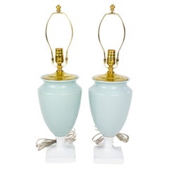 Retro Late 20th Century Celadon and White Porcelain Urn Table Lamps - a Pair