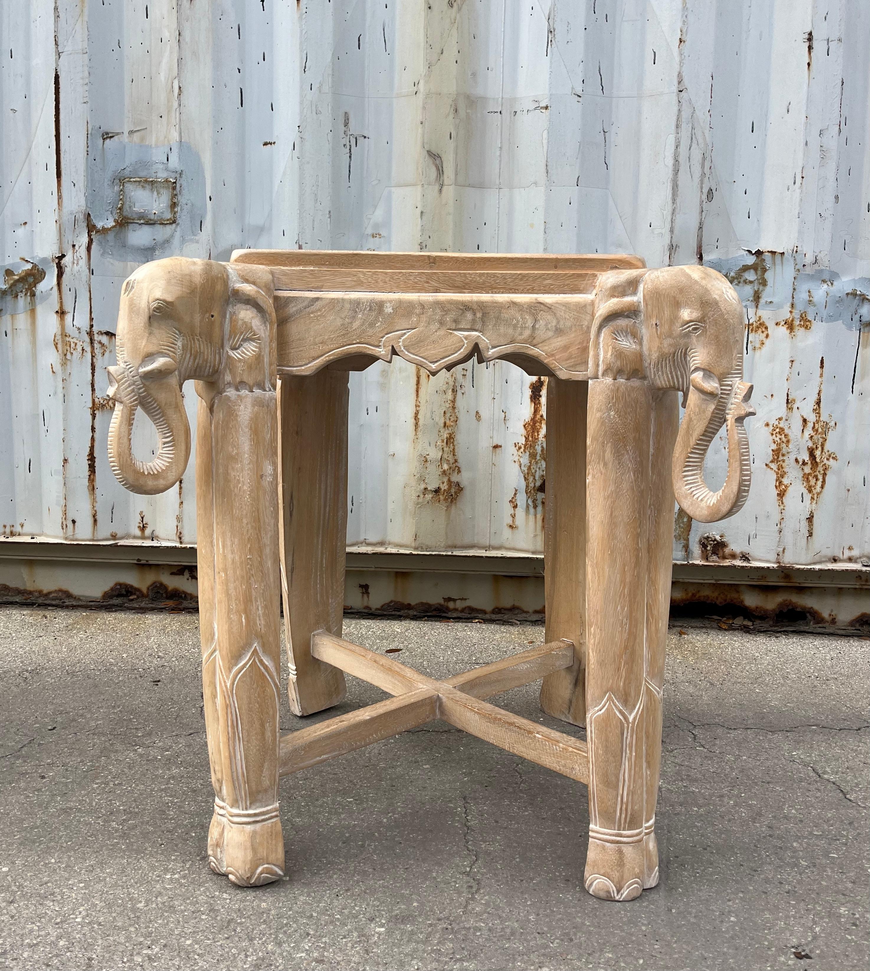 Bohemian Late 20th Century Cerused Hand Carved Elephant Center / Dining Table For Sale
