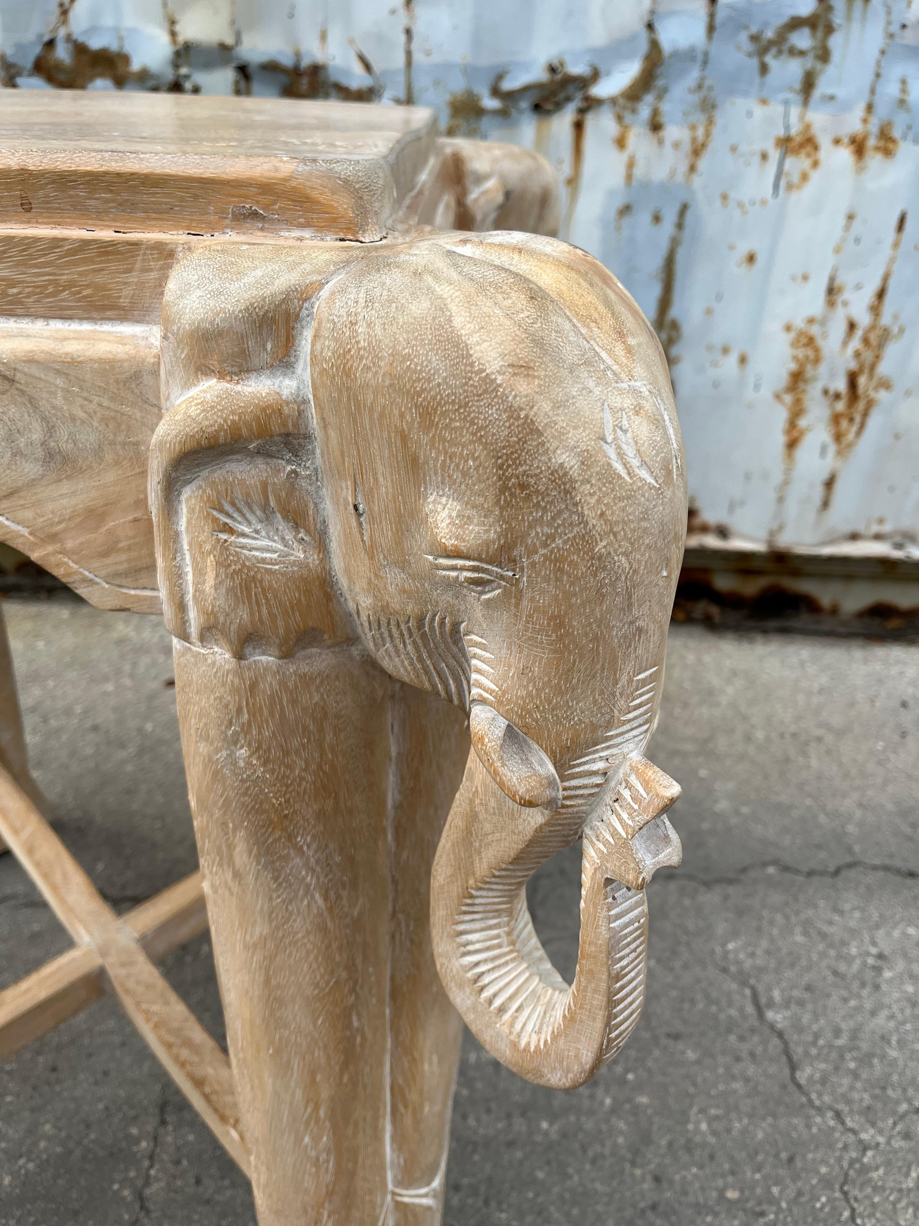 Hand-Carved Late 20th Century Cerused Hand Carved Elephant Center / Dining Table For Sale