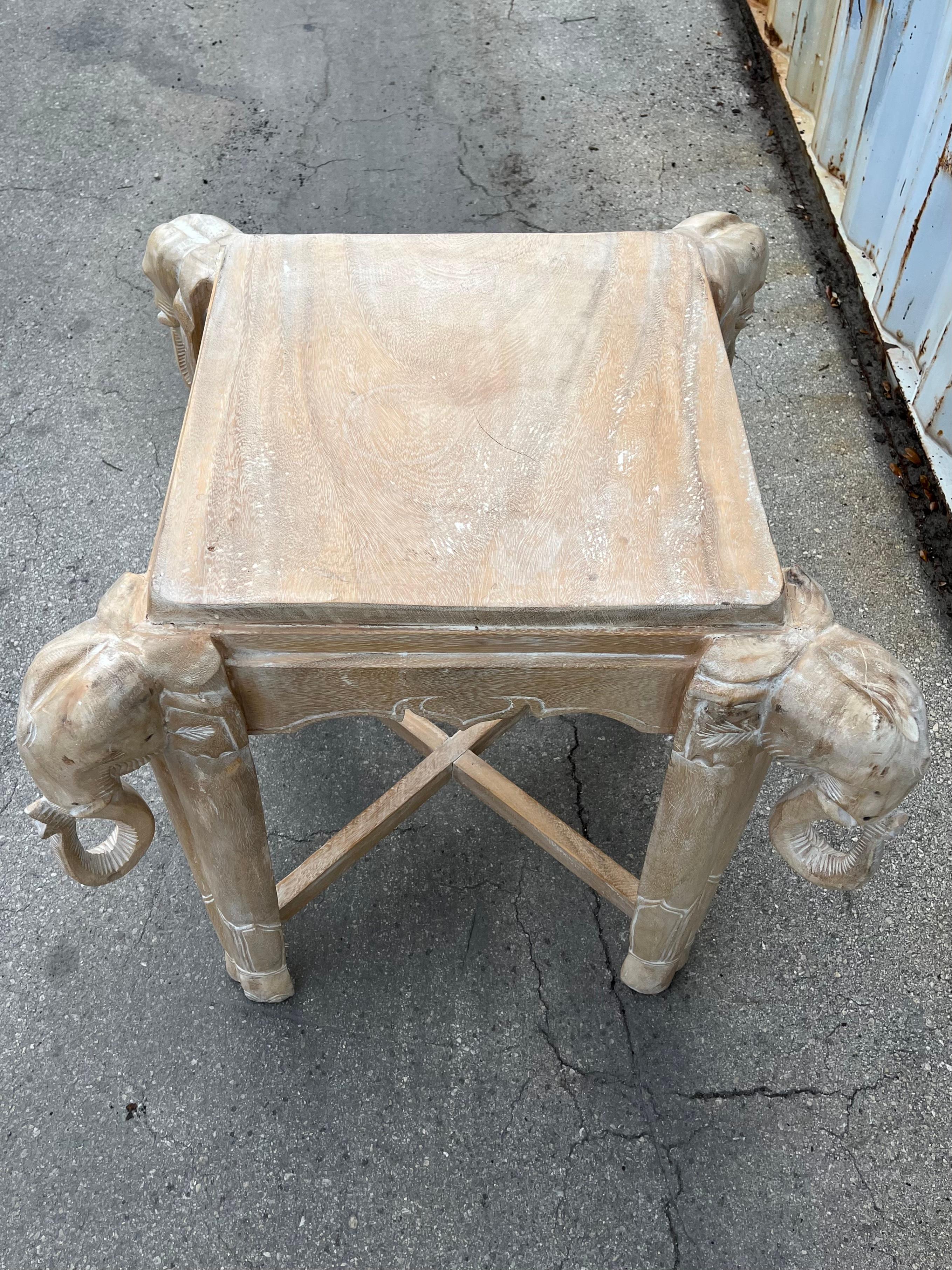 Wood Late 20th Century Cerused Hand Carved Elephant Center / Dining Table For Sale