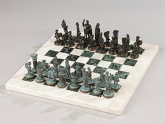 Late 20th Century Chessboard - Vintage - Inlaid Marble - Brass Chess Pieces