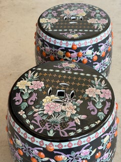 Late 20th Century Chinese Export Black Famille Rose Porcelain Garden Stools