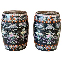 Late 20th Century Chinese Export Black Famille Rose Porcelain Garden Stools
