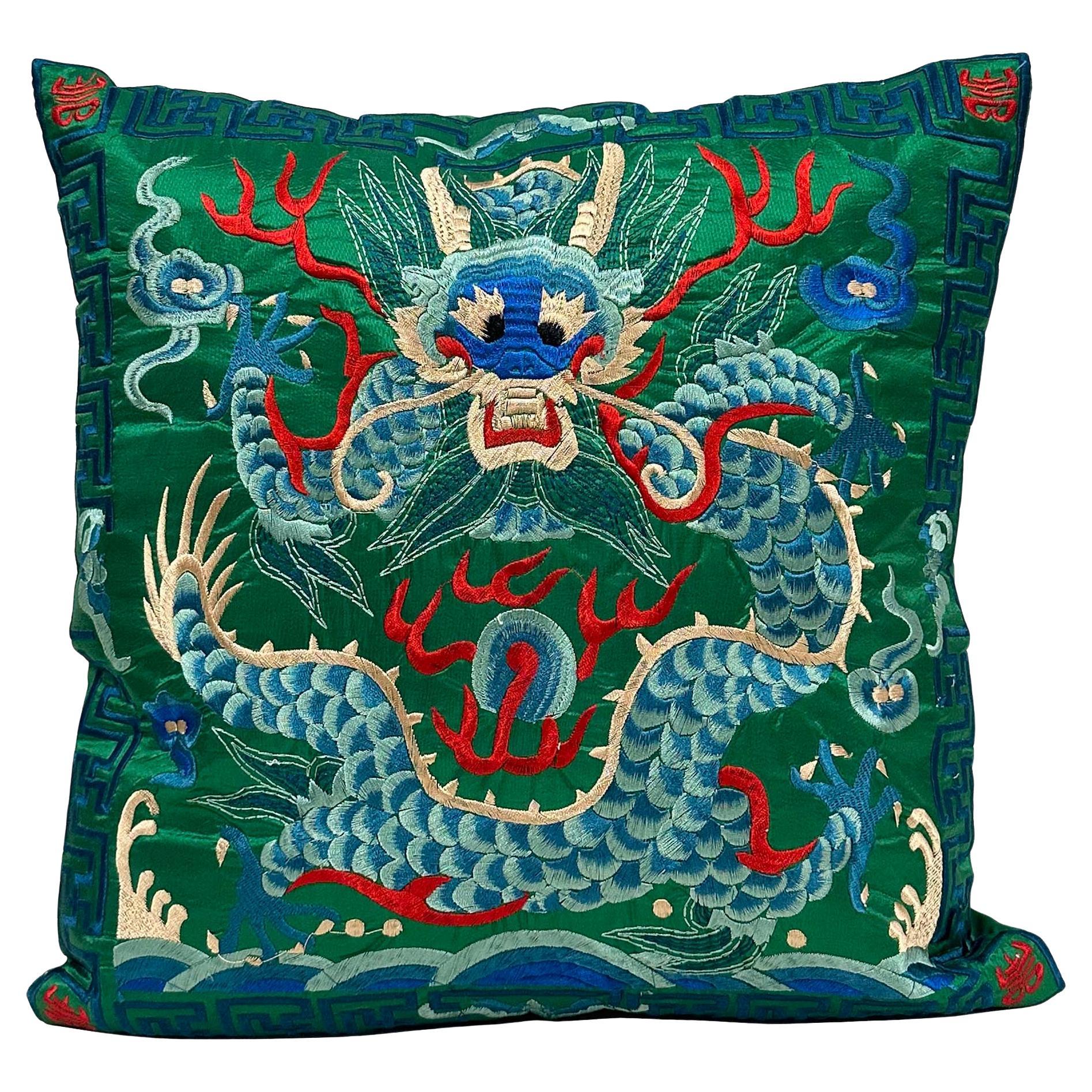 Late 20th-Century Chinese Green Imperial Dragon Pillow For Sale