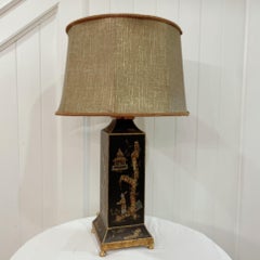 Late 20th Century Chinoiserie Black With 4 Different Asian Scenes Tole Table Lam