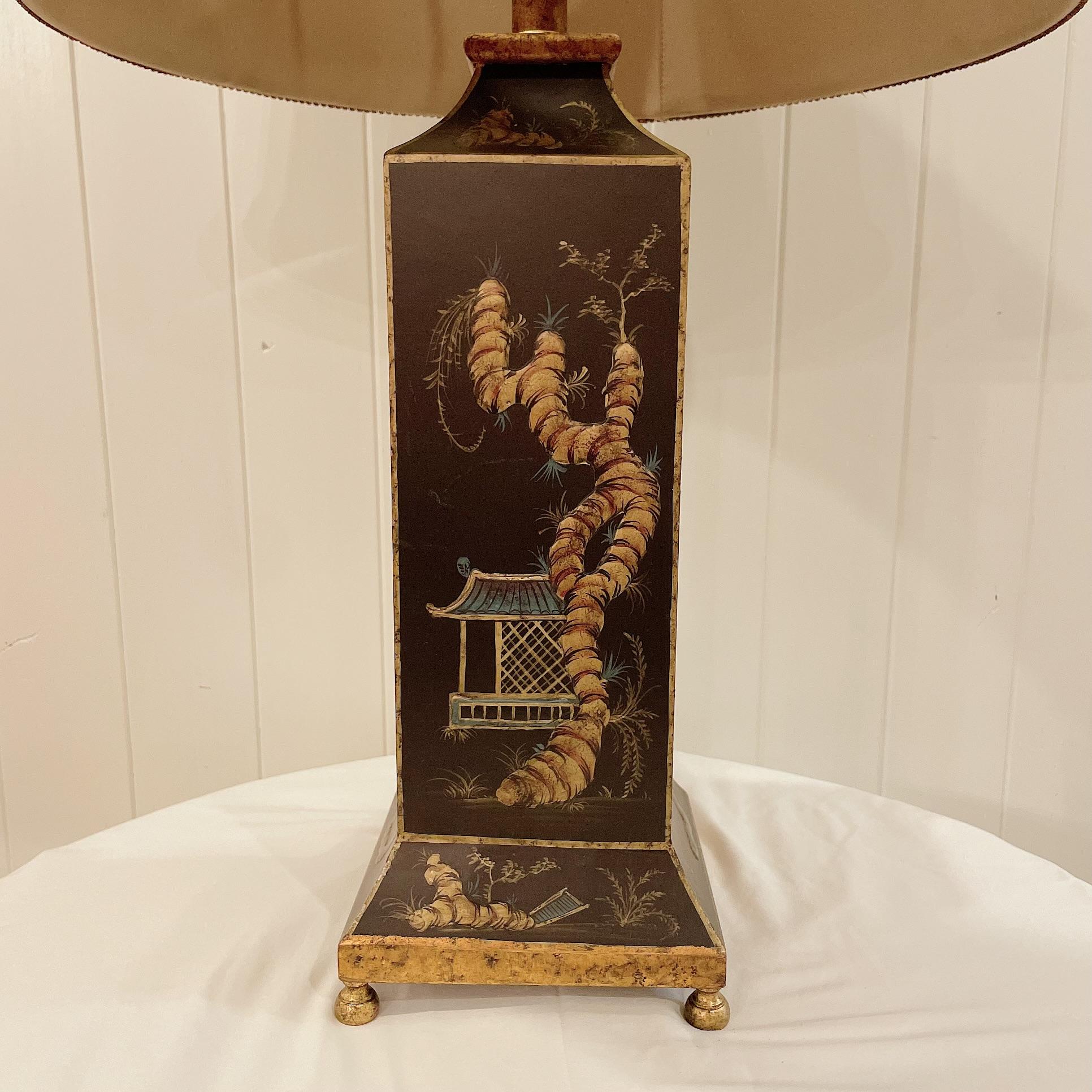 Late 20th Century Chinoiserie Black With 4 Different Asian Scenes Tole Table Lam For Sale 2